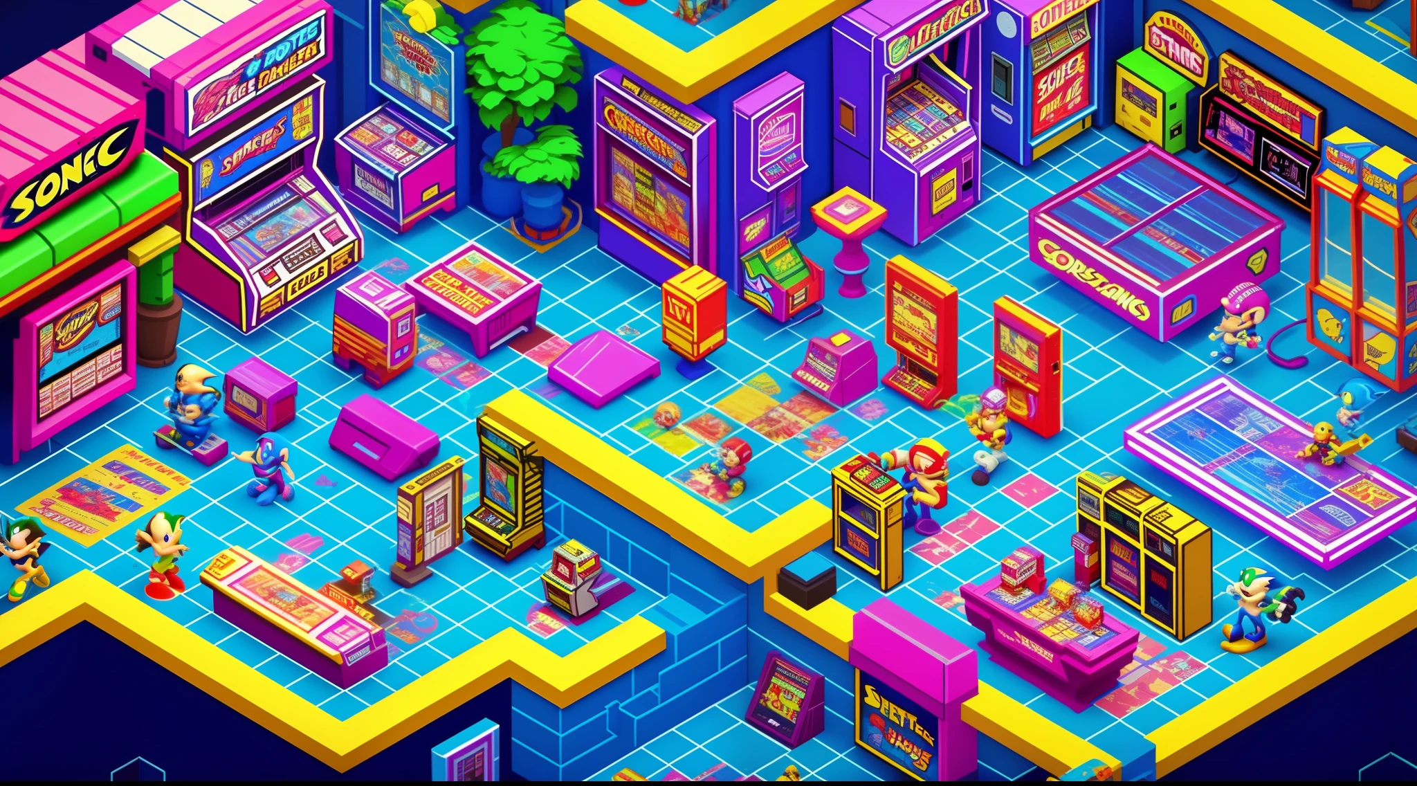 Life is a game，Full of arcade games、80s video store、Sonic、Blockbuster、1980s games、Isometric cross-section of nostalgic and cool hidden rooms