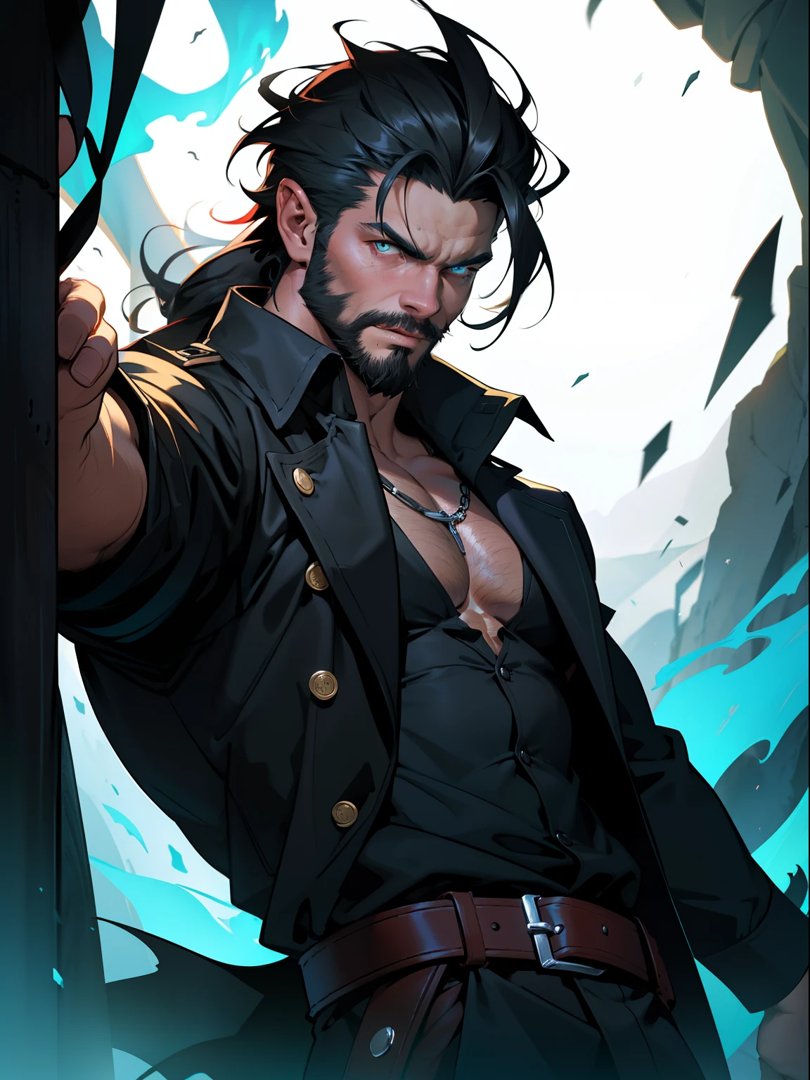 1 man, old man, upper body shot, a man casting fire, eyes glowing, white skin, short beard, muscular, hunk, curtain hairstyle, black hair, shoulder long hair, turn head pose, hades style, cartoon style, sorcerer, mythical fire, red scales, claws, fantasy world, red dragon, best quality:1.2, masterpiece, high resolution:1.2, big light green trench coat, black shirt, high camera angle, shadow, volumetric lighting, flat style