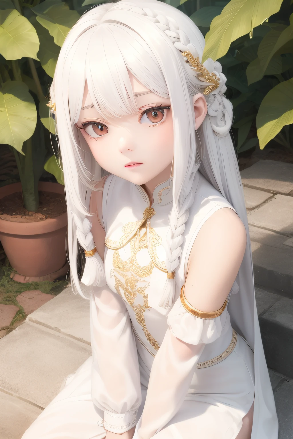 best quality, masterpiece,white hair, gold eyes,white clothes, looking up, upper body,hair strand,Fair skin,side braids, wet cloths, hands folded in lap