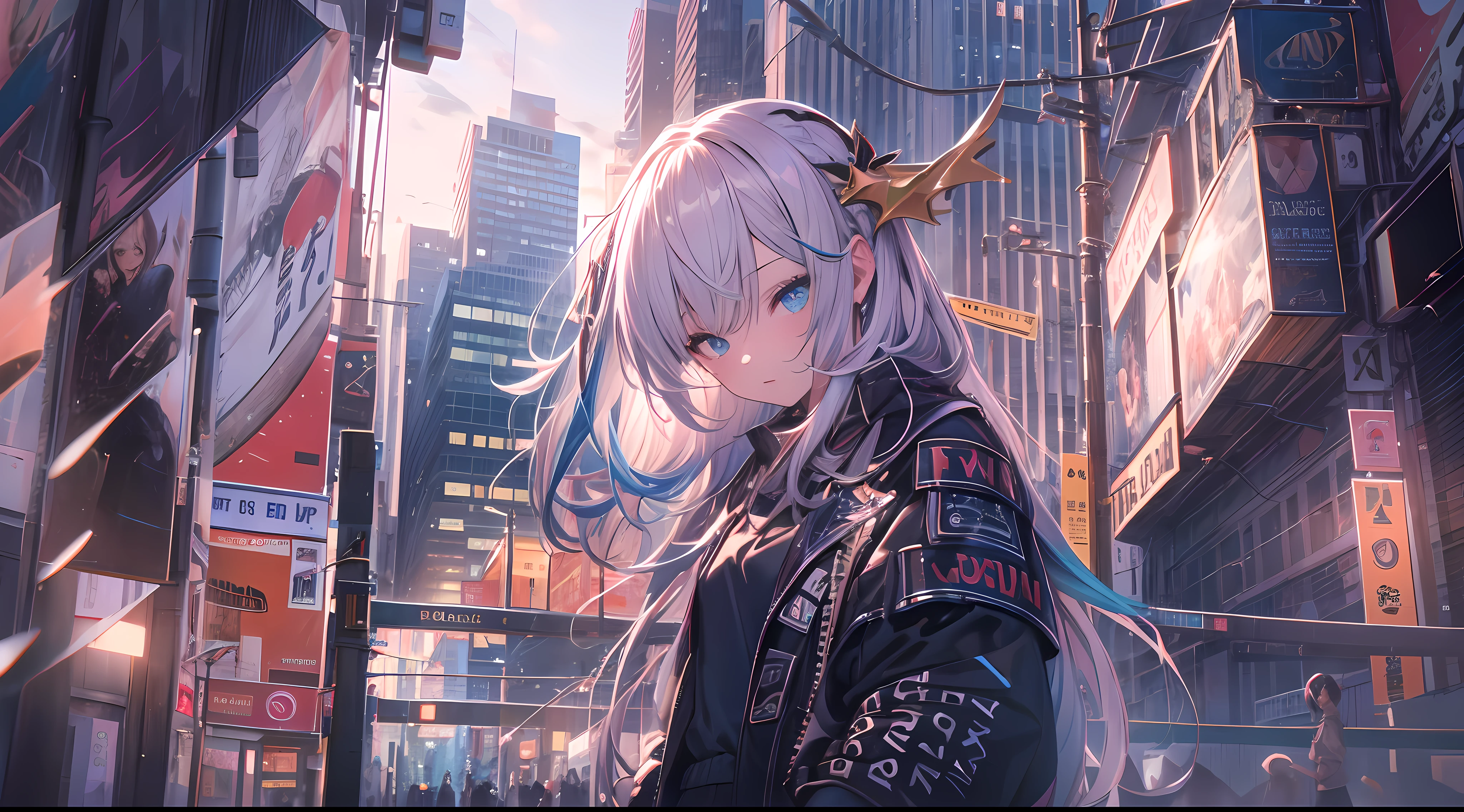 NY, (gradient hair, dutch angle:1.3), film grain, chromatic aberration, city, masterpiece, best quality, raw photo, photorealistic, absurdres, 1girl, cute, perspective, cowboy shot, highres, ultra detailed, detailed eyes and face, sharp pupils, realistic pupils, sharp focus, summer, night, detailed full figure, beautiful socks, Socks above the knees, chance meeting, runaway from home