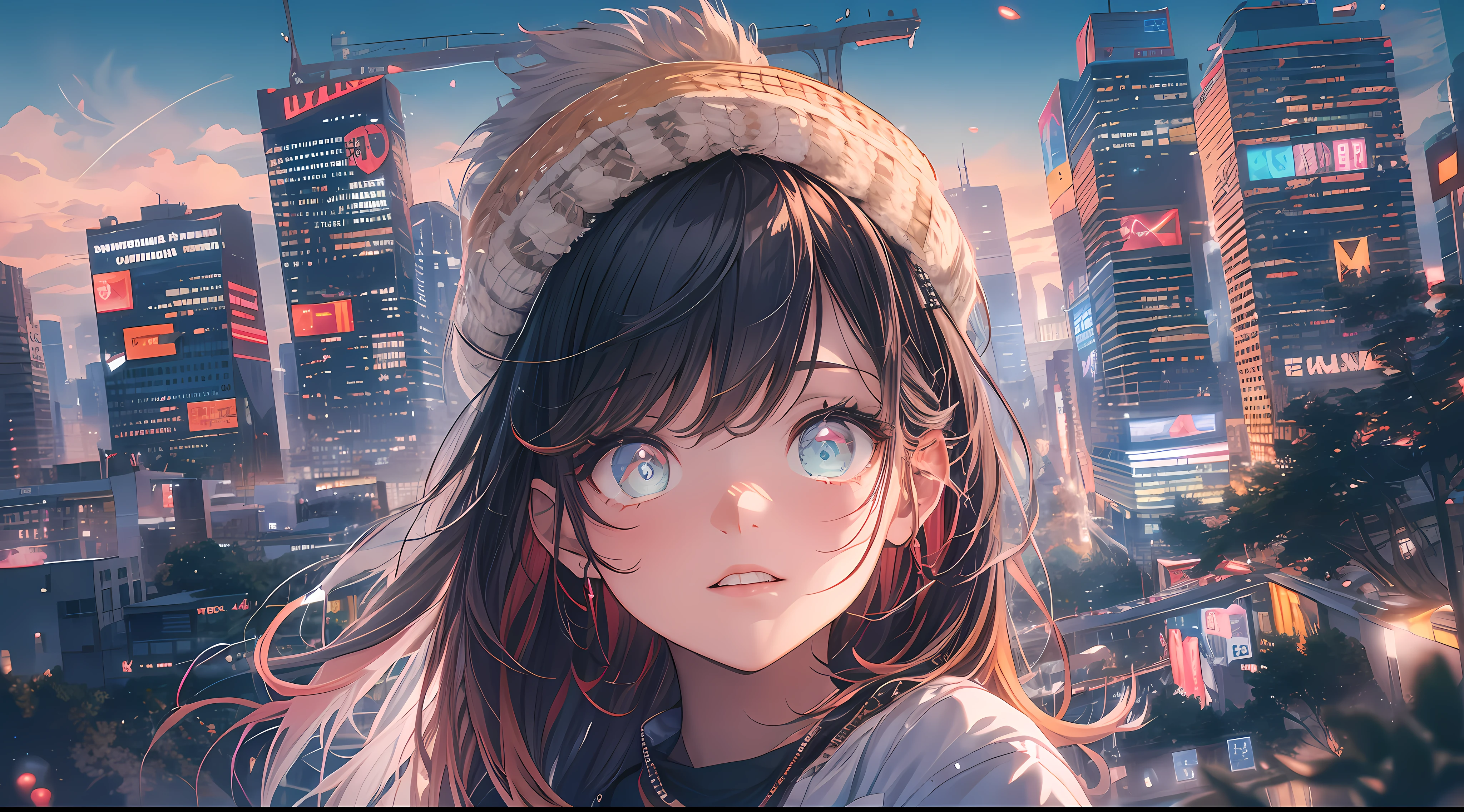 NY, (gradient hair, dutch angle:1.3), film grain, chromatic aberration, city, masterpiece, best quality, raw photo, photorealistic, absurdres, 1girl, cute, perspective, cowboy shot, highres, ultra detailed, detailed eyes and face, sharp pupils, realistic pupils, sharp focus, summer, night,  detailed full figure, beautiful socks, Socks above the knees, chance meeting, runaway from home