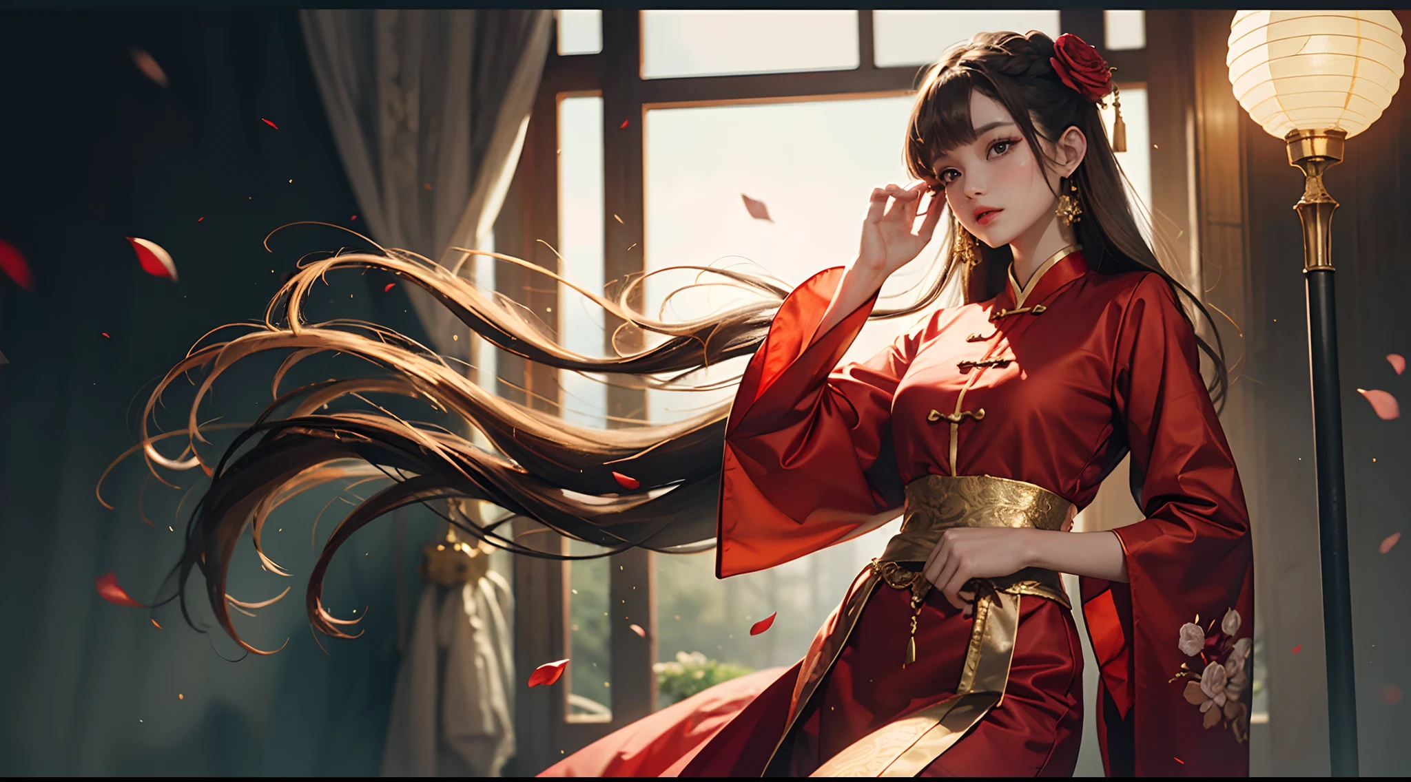 best quality, masterpiece, highres, (exquisite body:1.5),gorgeous face,(milky skin:1.3),intricate details,high resolution,wallpaper,
1girl, solo, dress, hair ornament, (((gold and red dress))), flowers, long hair, brown hair, closed mouth, jewelry, long sleeves, hand up, wide sleeves, big eyes,floating hair, chinese clothes, hanfu, embroidery, long skirt, natural pose, falling petals, indoor,fanning, lantern,
16K,HDR,highres,depth field,(film grain:1.1),boken,golden hour,(lens flare),vignette,rainbowing,(color grading:1.5)