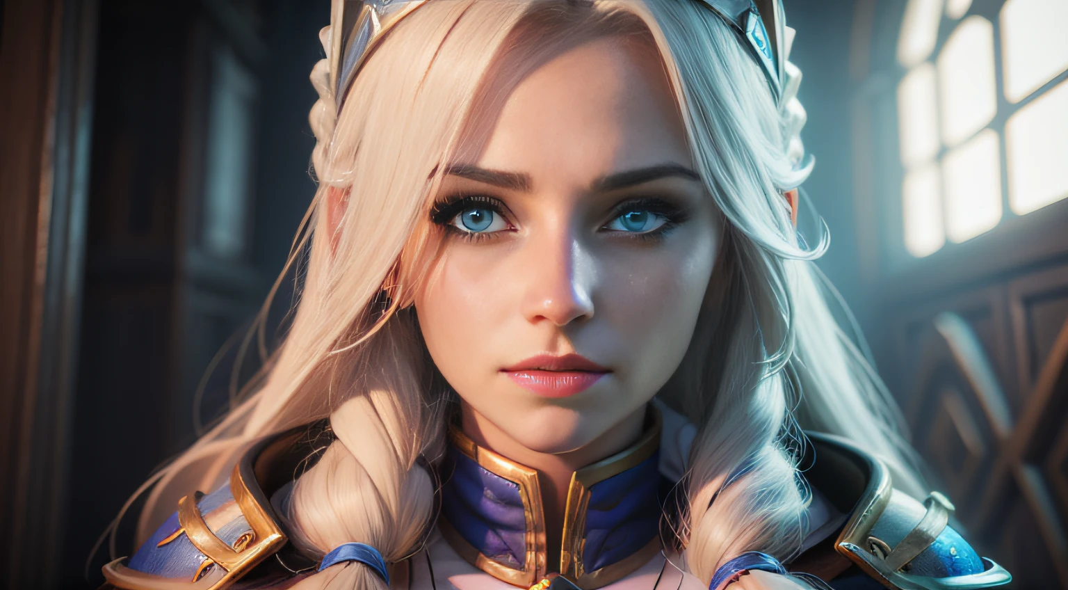 3d portrait, jaina proudmoore, female 35 years old, world of warcraft, blue eyes, ice eyes, masterpiece