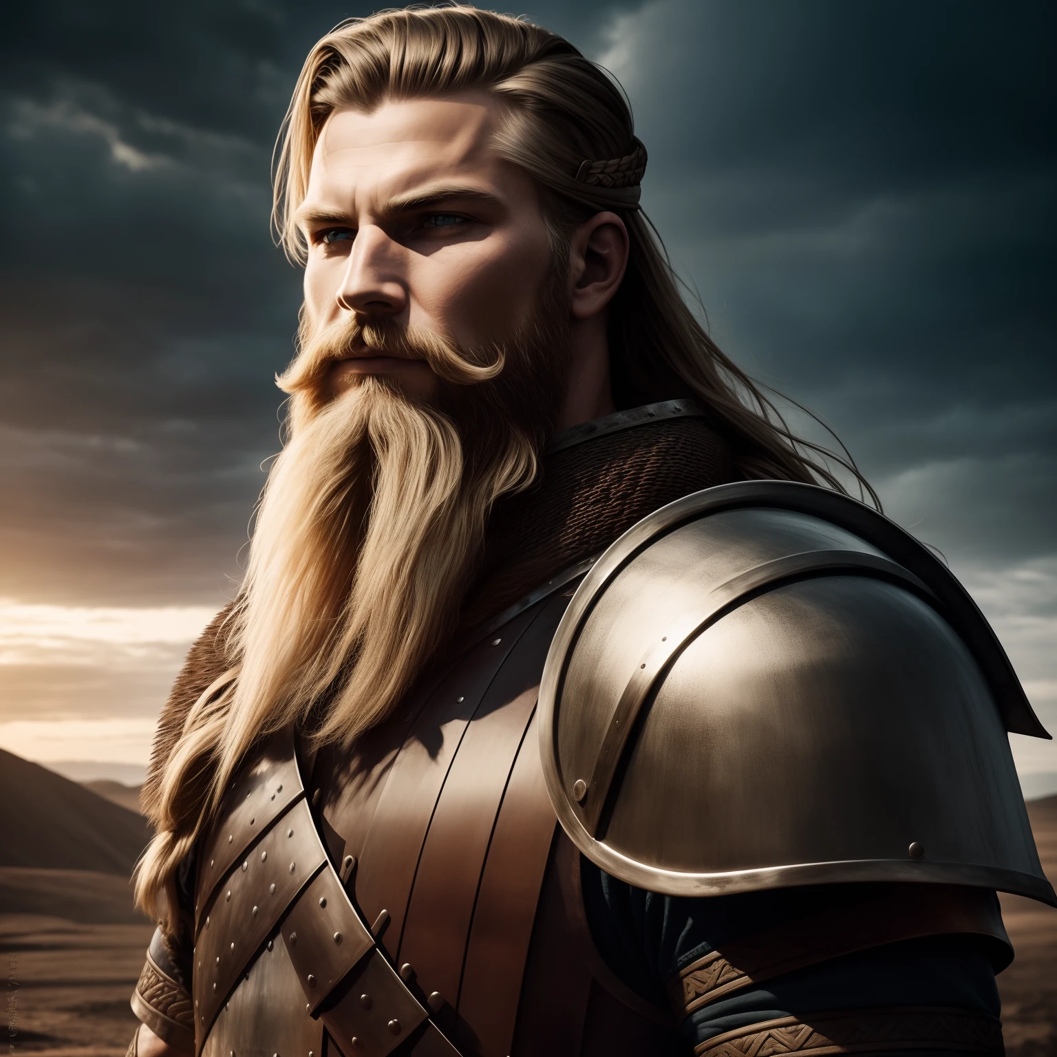 photograph  of a viking warrior with dirt in his face, broad shoulders, armor, heroic, beard, pronounced cheekbones, cloudy, masterpiece, best quality, high quality, 4K, trending, hard ring light, 50mm