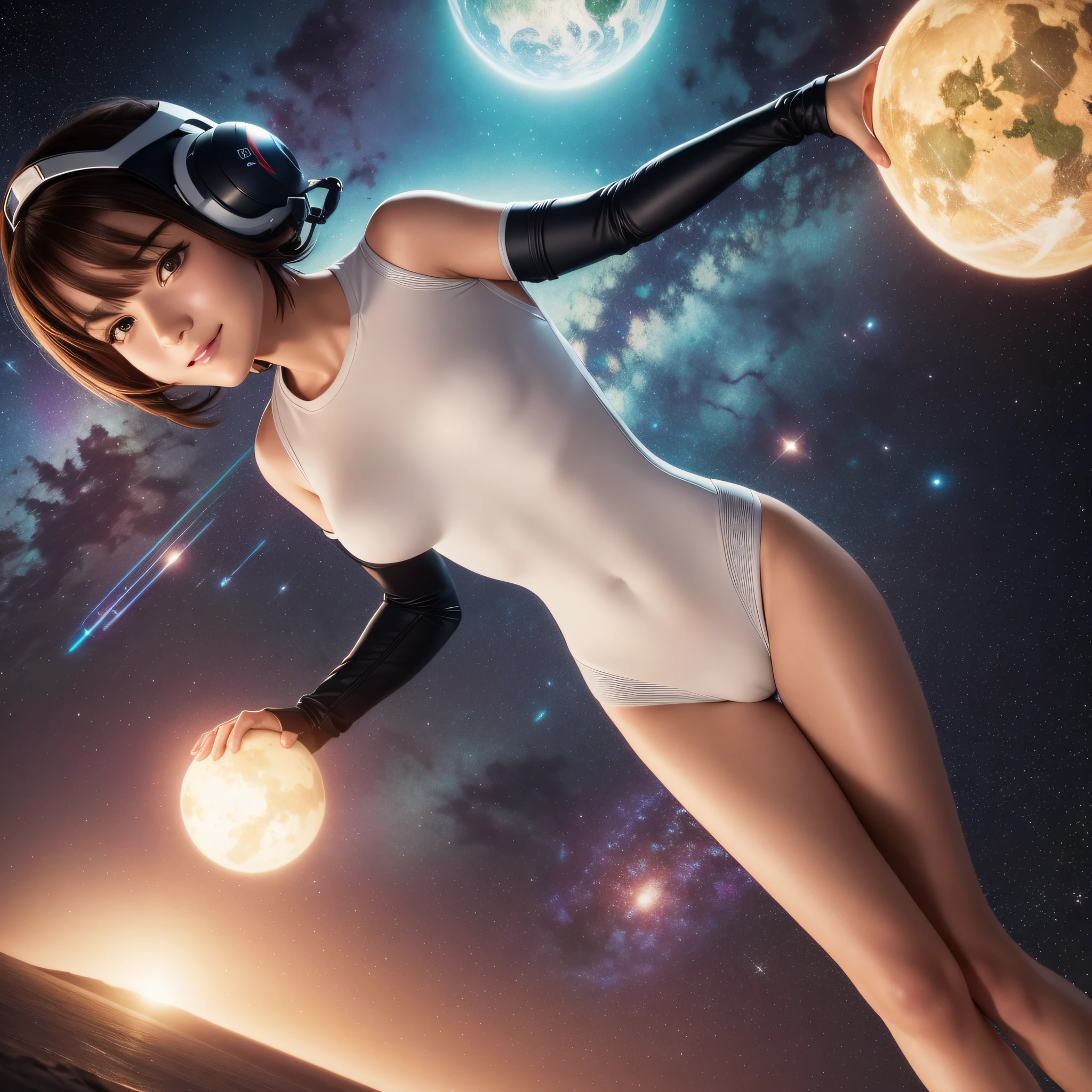 masterpiece, best quality, Half body portrait, 1girl, anime, 3D, realistic, girl, smiling, cute face, short hair, astronaut helmet, starry universe background, true light, bodysuit, beautiful, sexy, colourful, nsfw, smooth skin, illustration, by stanley artgerm lau, sideways glance, foreshortening, extremely detailed, high resolution, ultra quality, glare, Iridescent, Global illumination, realistic light and shadow, hd, 8k,