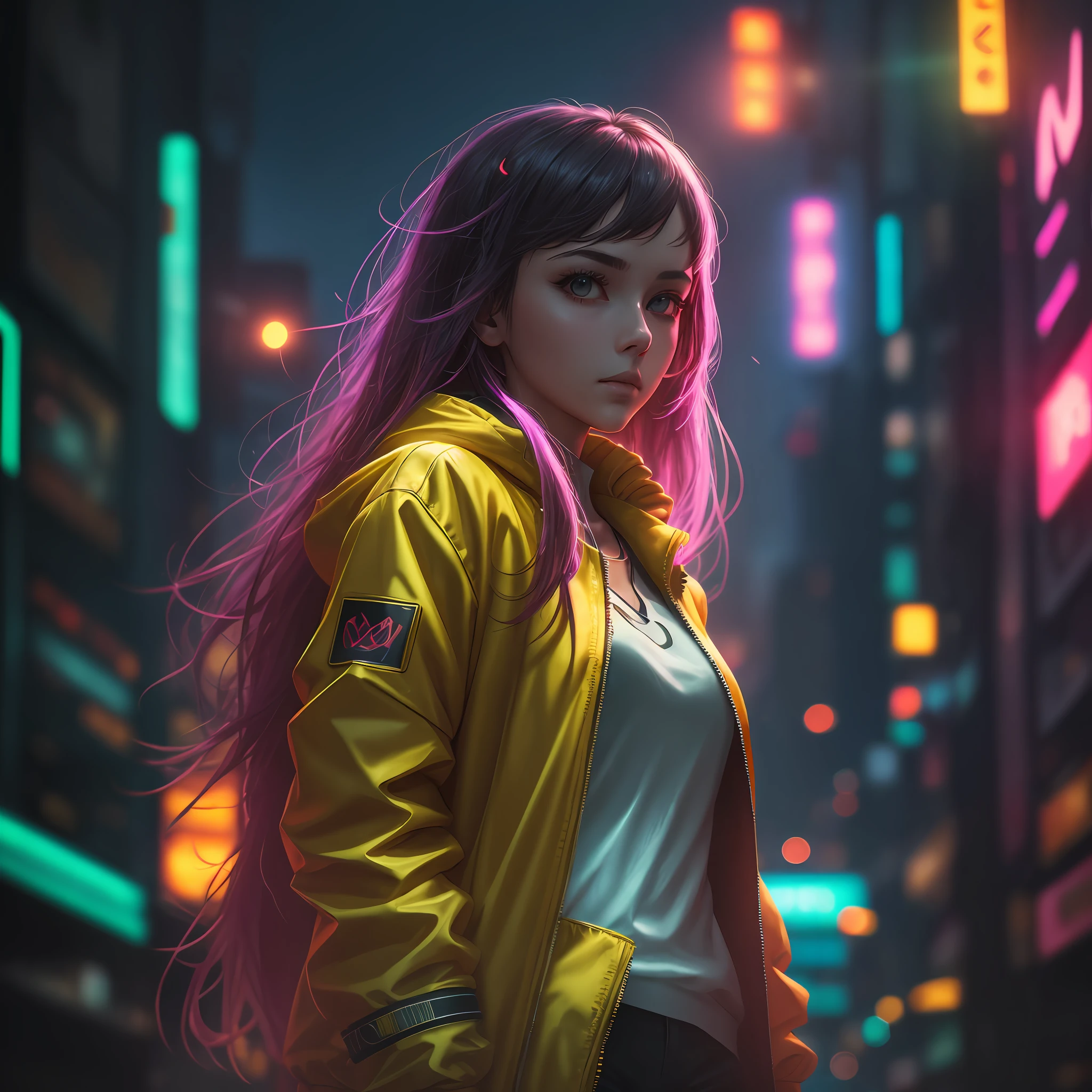 (masterpiece), best quality, ultra high res, close up portrait, walking pose, cyberpunk style, 1girl,(oversized yellow jacket),long hair, night city,(neon lights), photon mapping, radiosity, physically-based rendering, cinematic lighting, intricate, High Detail, Sharp focus, dramatic, photorealistic --auto --s2