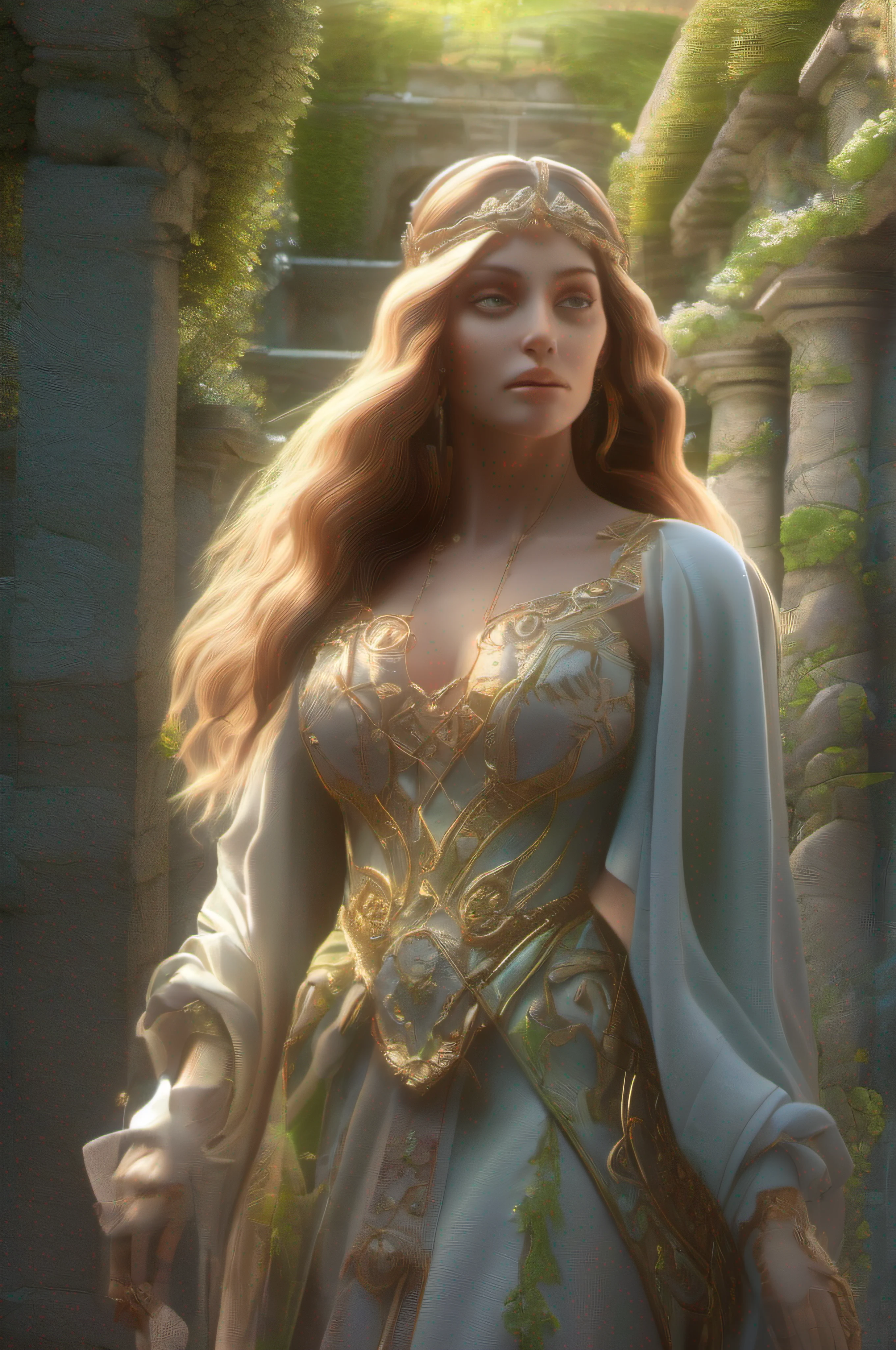 A beautiful  woman Climbing the green slope of A labyrinth made of ages in a beautiful garden of a fabulous castle on top of a wooded mountain. ((Best Quality)), ((Masterpiece)), (Highly Detailed:1.2), (Octane Rendering), ((Octane Style), 3D, beautiful ((cyberpunk woman)) with voluminous hair, hack, HDR (High Dynamic Range), Ray Tracing, NVIDIA RTX, Super- Resolution, Unreal 5, Subsurface Scattering, PBR Texture, Post Processing, Anisotropic Filtering, (Depth of Field), Maximum Clarity and Sharpness, Multilayer Textures, Albedo and Specular Maps, Surface Shading, ((Accurate simulation of light- material)), ((Perfect Proportions, Octane Rendering, Two-Tone Lighting, Low ISO, White Balance, Golden Rule, Large Aperture, 8K RAW, Efficient Sub-Pixel, Sub-Pixel Convolution, Luminescent Particle, Light Scattering light, Tyndall effect))