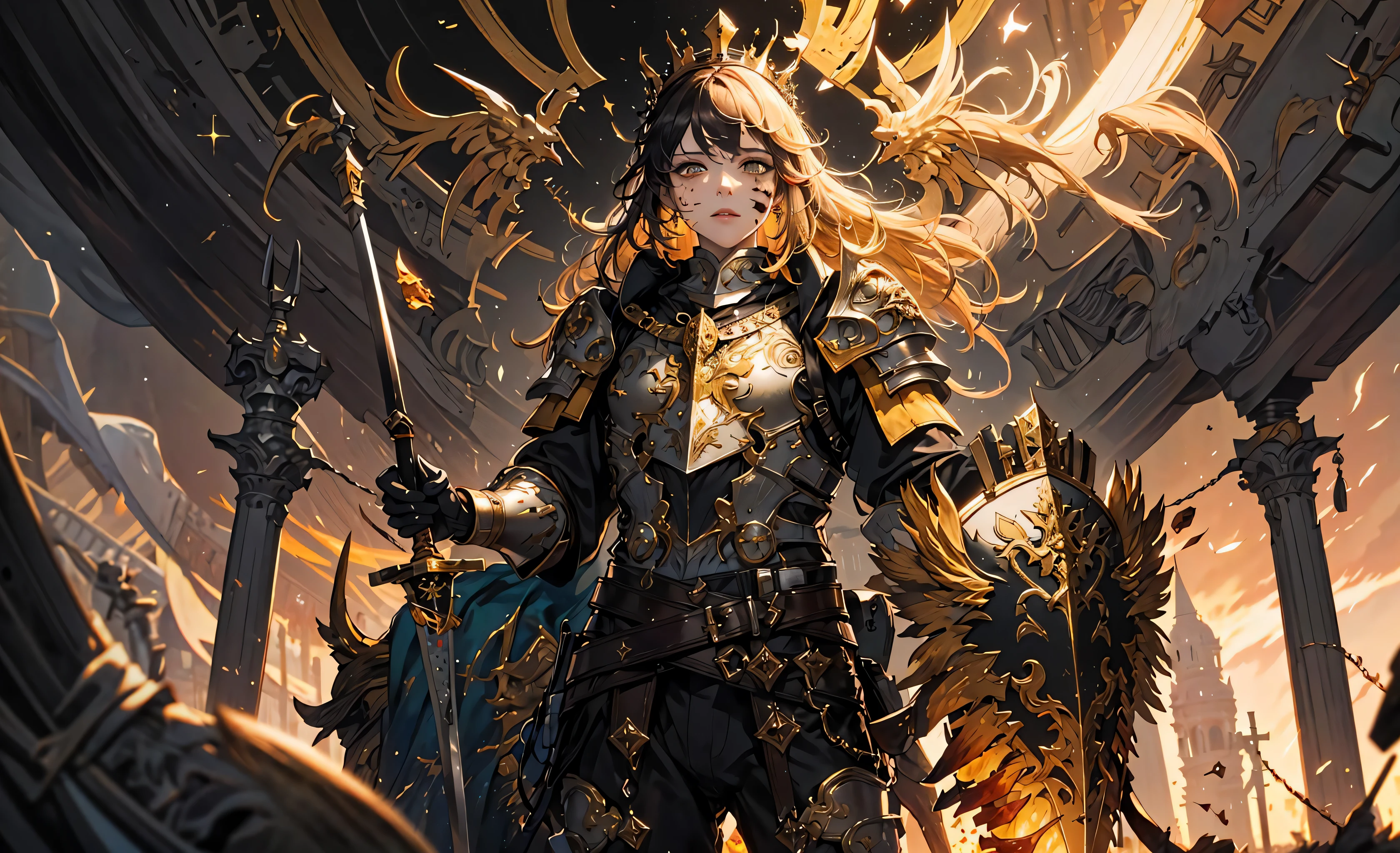 (masterpiece:1.2, best quality:1.1),8K,intricate details,HD,best illustration,wall-paper,intricate details,8K Hd wallpaper:1.6
1girl,,Golden pupil,((Golden eye)),Golden iris,shine:1.6
Swords and shields, griffins, wings, banners, streamers, emeralds, crowns,The sheen, the detail, the sparks, the ink, the castle, the fire, the sunset,Crusader armor
Metallics, streamers, blood on his face,Chest exposed, broken armor,industrial, dieselpunk, Carved armor:1.4, scratches:1.2, battle damage, wounds