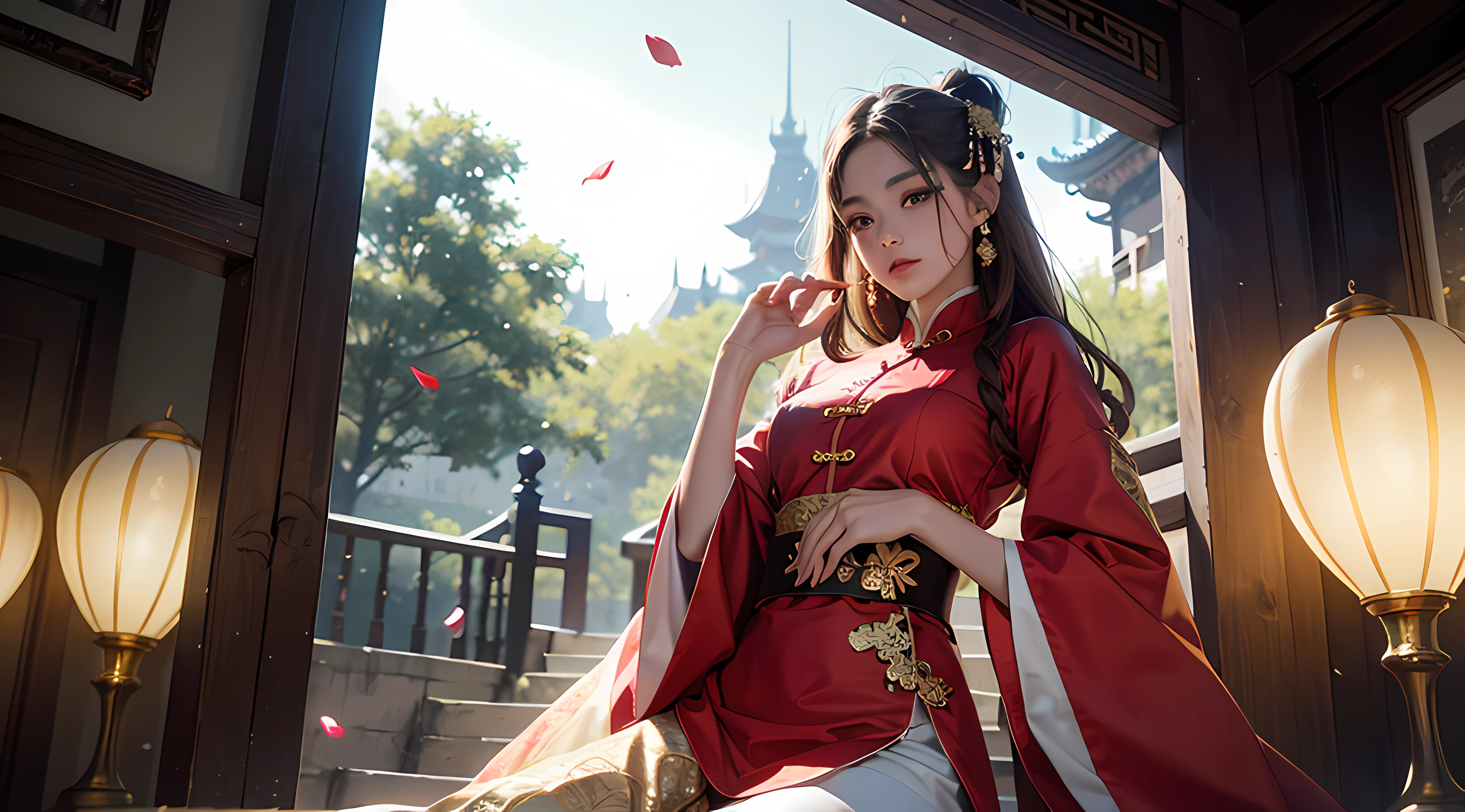 best quality, masterpiece, highres, (exquisite body:1.5),gorgeous face,(milky skin:1.3),intricate details,high resolution,wallpaper,
1girl, solo, dress, hair ornament, (((gold and red dress))), flowers, long hair, brown hair, closed mouth, jewelry, long sleeves, hand up, wide sleeves, big eyes,floating hair, chinese clothes, hanfu, embroidery, long skirt, natural pose, falling petals, indoor,fanning, lantern,
16K,HDR,highres,depth field,(film grain:1.1),boken,golden hour,(lens flare),vignette,rainbowing,(color grading:1.5)