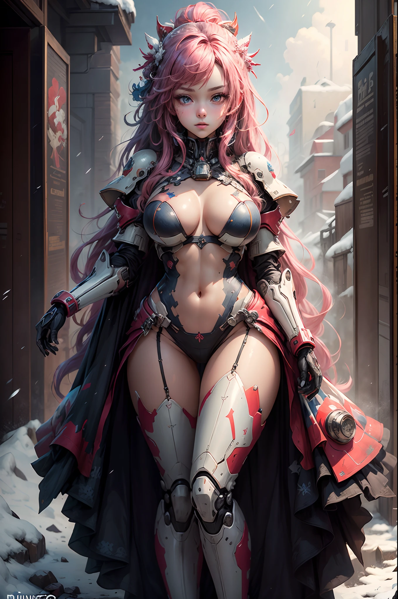 (masterpiece, top quality, best quality, official art, beautiful and aesthetic:1.2),(1girl),extreme detailed,colorful,highest detailed.red,White,Blue,Chest,Abdomen,Snowflakes falling,(the full body:1),a face,(Only one face.:1.1),Pink Mecha,gigantic_breasts(1.5),Imperial Sister,bingnvwang