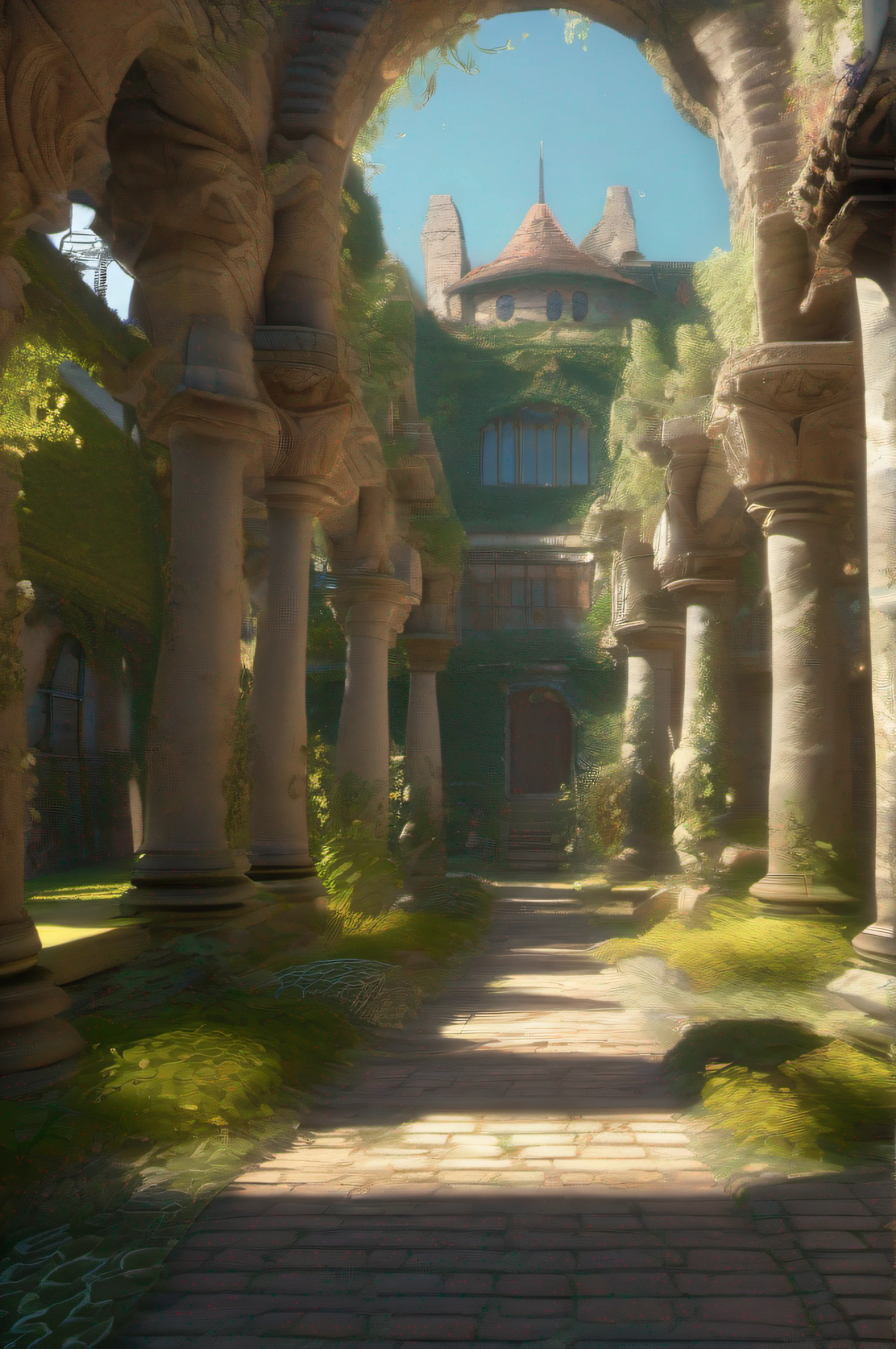 A beautiful woman Climbing the green slope of A labyrinth made of ages in a beautiful garden of a fabulous castle on top of a wooded mountain. ((Best Quality)), ((Masterpiece)), (Highly Detailed:1.2), (Octane Rendering), ((Octane Style), 3D, beautiful ((cyberpunk woman)) with voluminous hair, hack, HDR (High Dynamic Range), Ray Tracing, NVIDIA RTX, Super- Resolution, Unreal 5, Subsurface Scattering, PBR Texture, Post Processing, Anisotropic Filtering, (Depth of Field), Maximum Clarity and Sharpness, Multilayer Textures, Albedo and Specular Maps, Surface Shading, ((Accurate simulation of light- material)), ((Perfect Proportions, Octane Rendering, Two-Tone Lighting, Low ISO, White Balance, Golden Rule, Large Aperture, 8K RAW, Efficient Sub-Pixel, Sub-Pixel Convolution, Luminescent Particle, Light Scattering light, Tyndall effect))