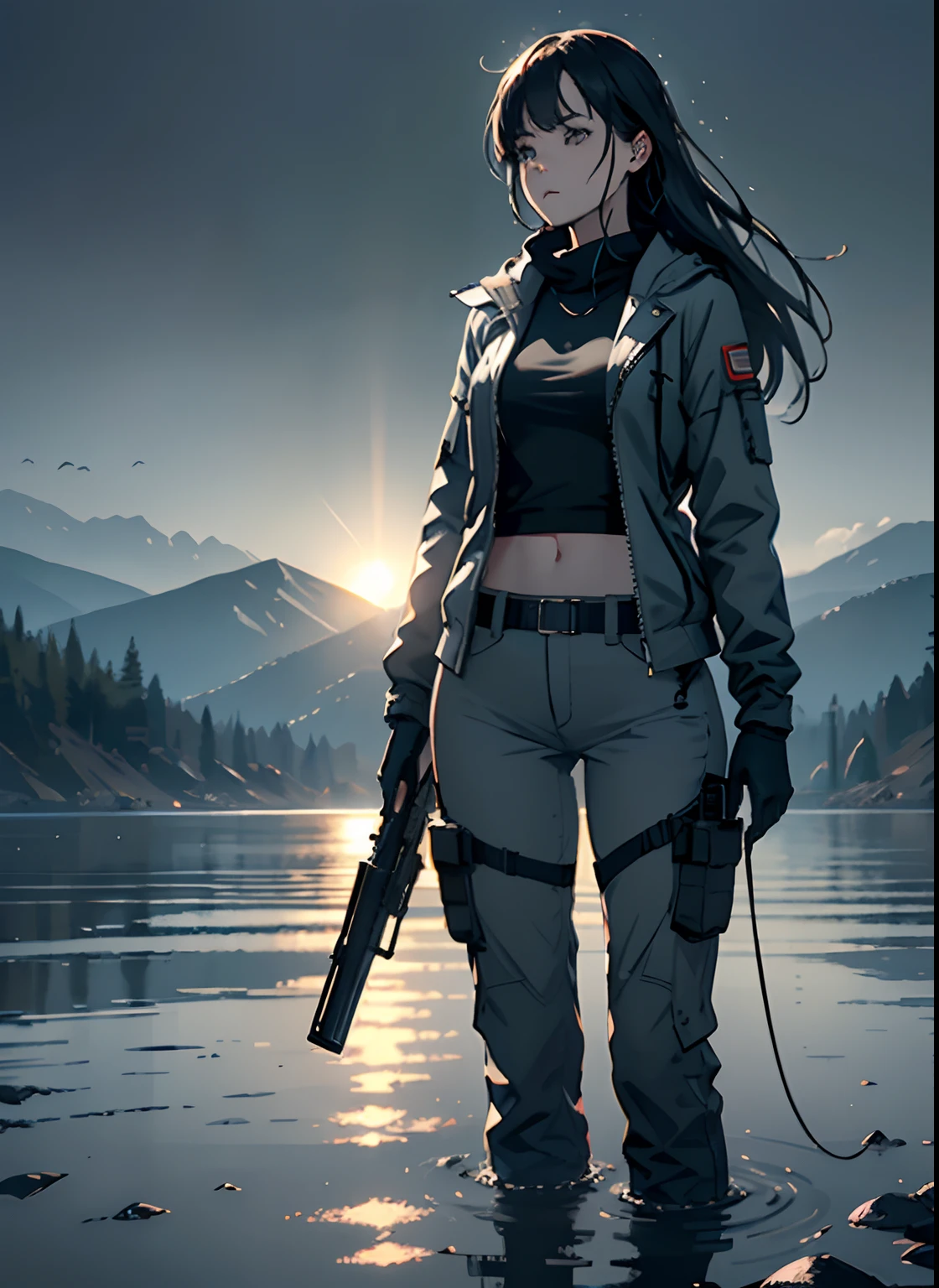 16K, HDR, RTX,  ray tracing, anisotropic filtering, subsurface scattering, albedo, dark vast open landscape, total solar eclipse, Best quality, masterpiece, highly detailed, 1 girl holding gun awm ,solo, closeup, beautiful, jacket, long pants, long hair, in a post apocalyptic world, massive open landscape, grey clouds, no grass, hideo kojima style, gloomy atmosphere, windy, foggy, mysterious, main palette is grey, tense, serious, dangerous, horizon, mountains, rain, shallow water