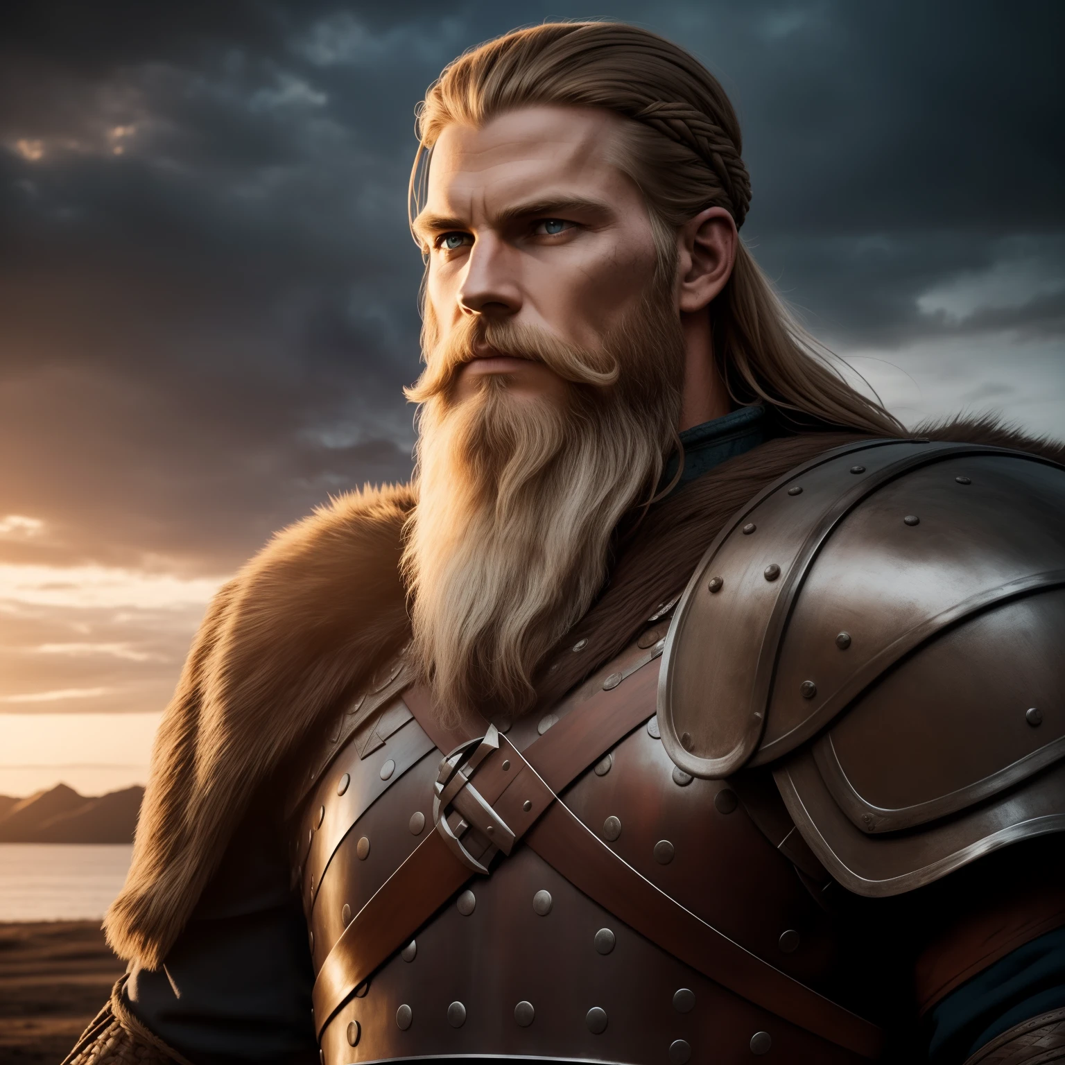 photograph of a viking warrior with dirt in his face, broad shoulders, armor, heroic, beard, pronounced cheekbones, cloudy, masterpiece, best quality, high quality, 4K, trending, hard ring light, 50mm
