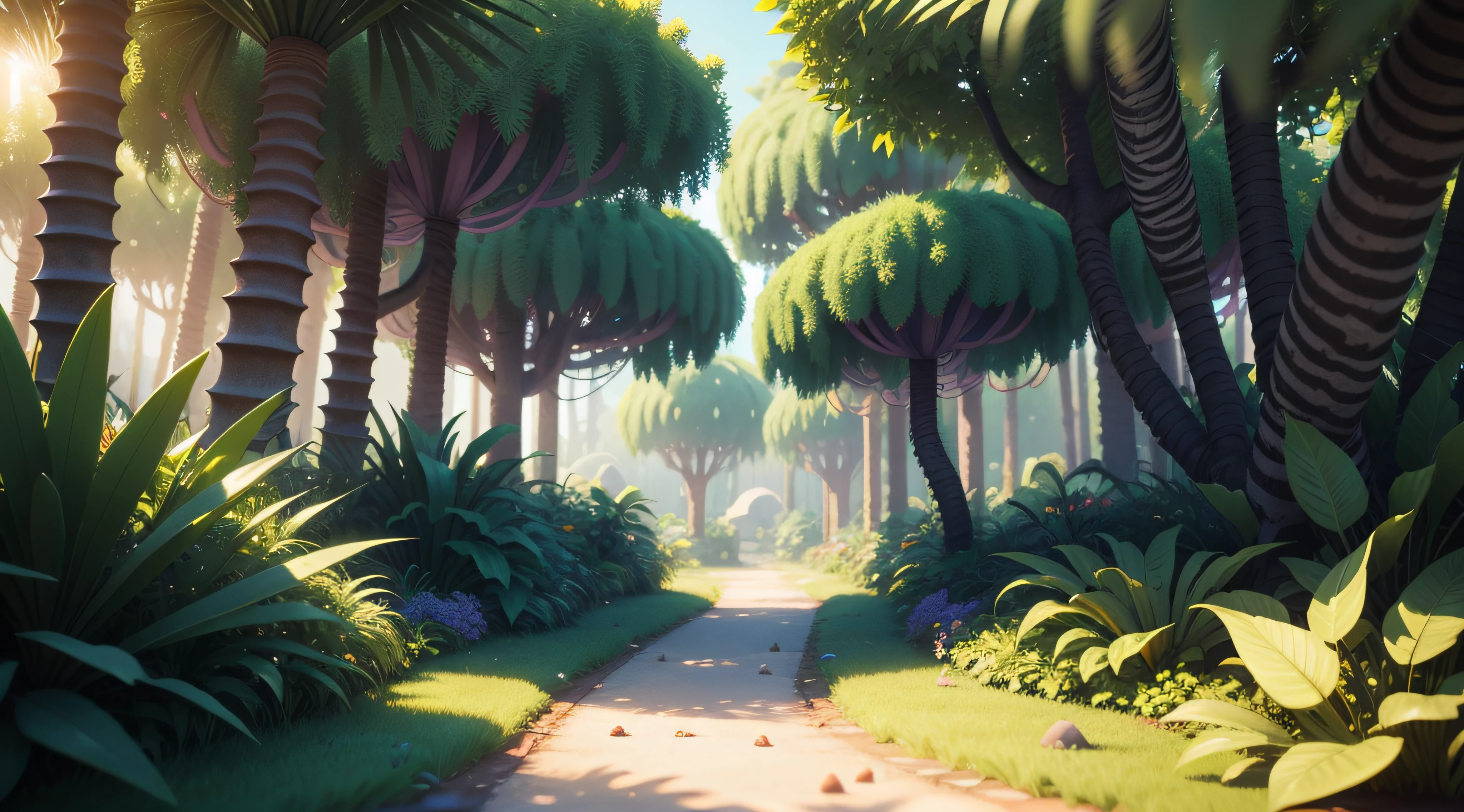 highly detailed 3D render cute jungle, a path in center, kids cartoon style, high detailed textures, soft smooth textures, violet green orange color gradient in background.