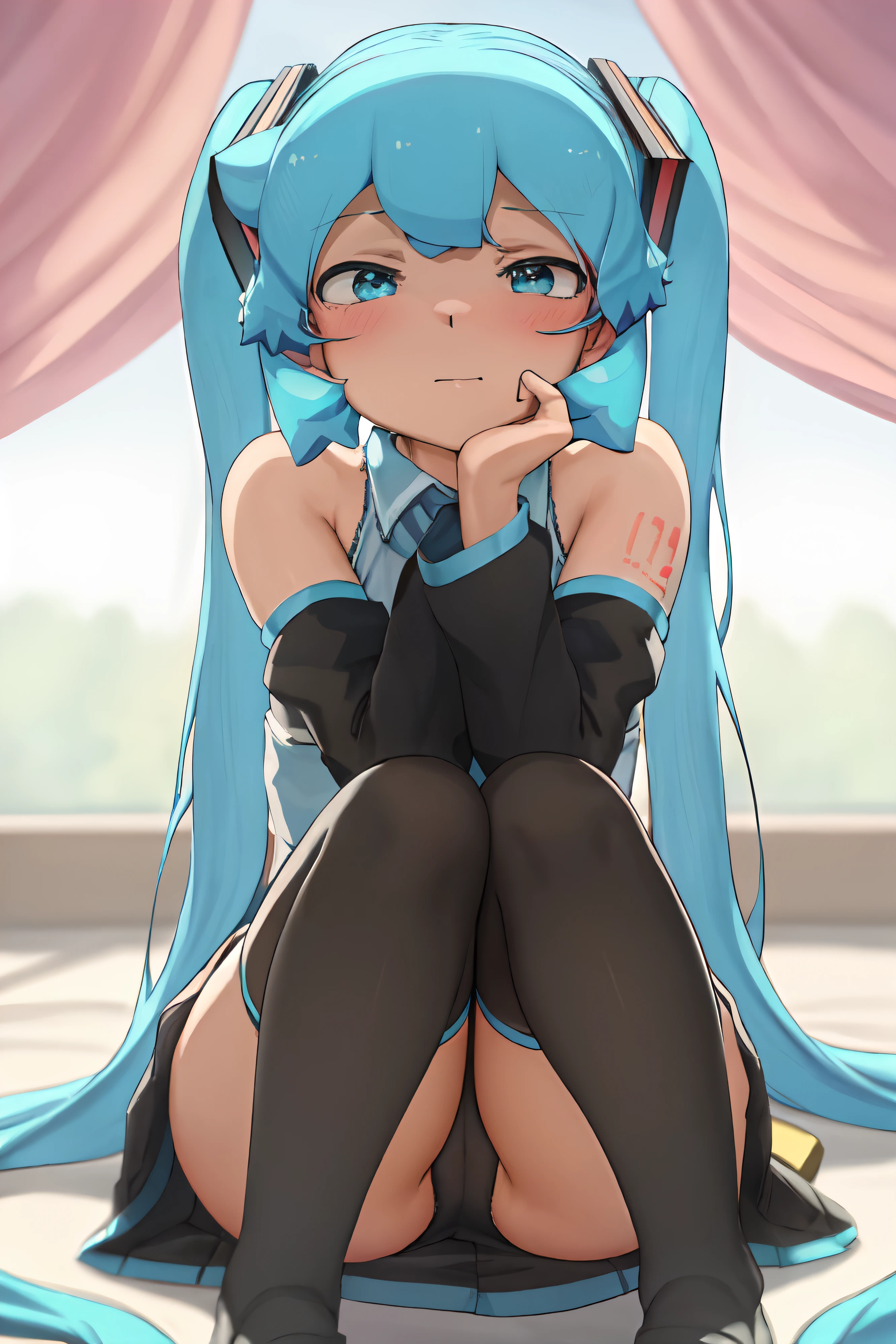 obra maestra, best_quality, 1girl, solo, abmayo, hatsune miku, falda, mano en medio de las piernas,