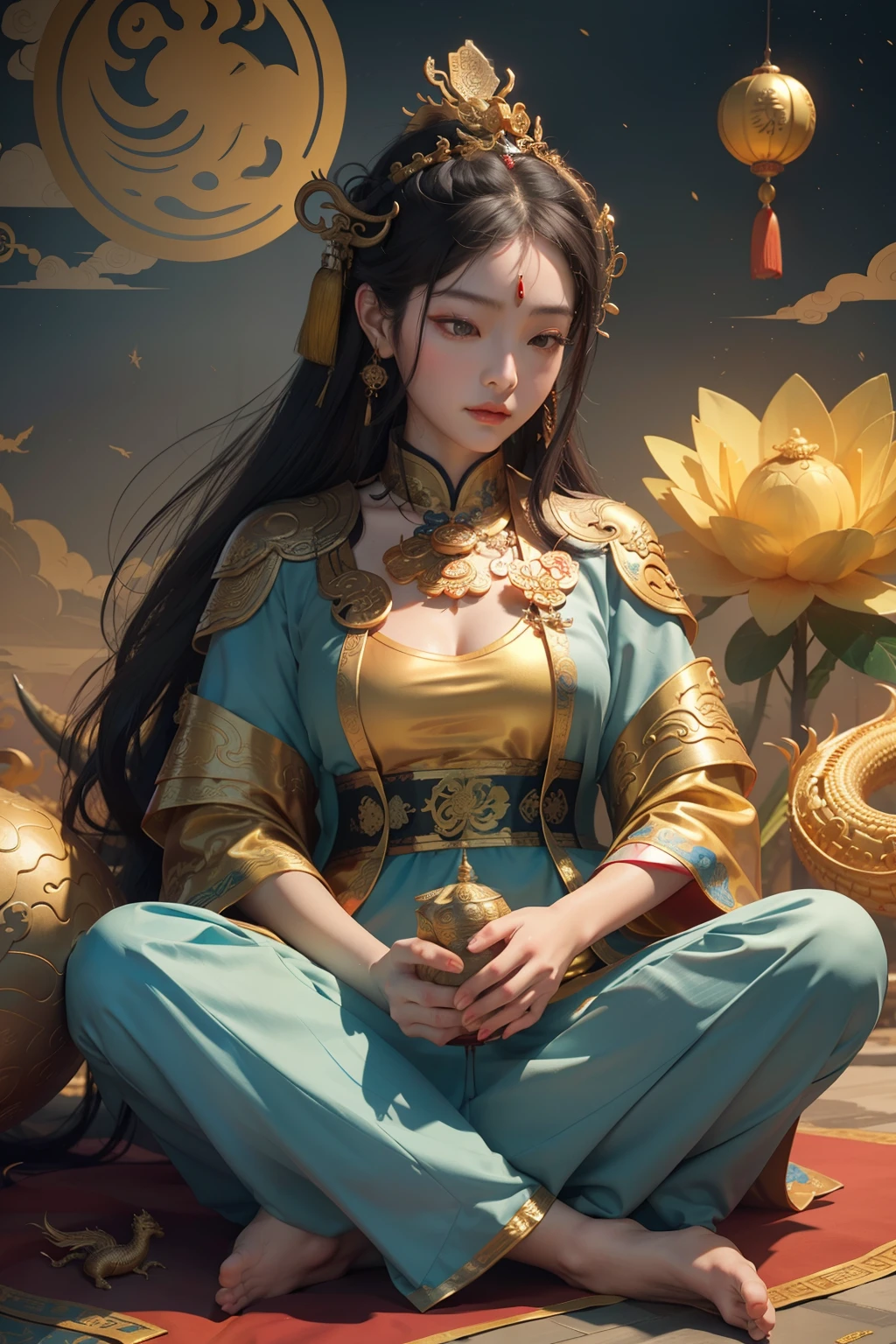 an ancient Chinese goddess, guanyin of the southern seas, Guanyin, Inspired by China, Avalokiteshvara rides a dragon，,Serene expression,shui mo hua,Buddha,Buddhist,Lotus,Chinese painting style,Thangka style