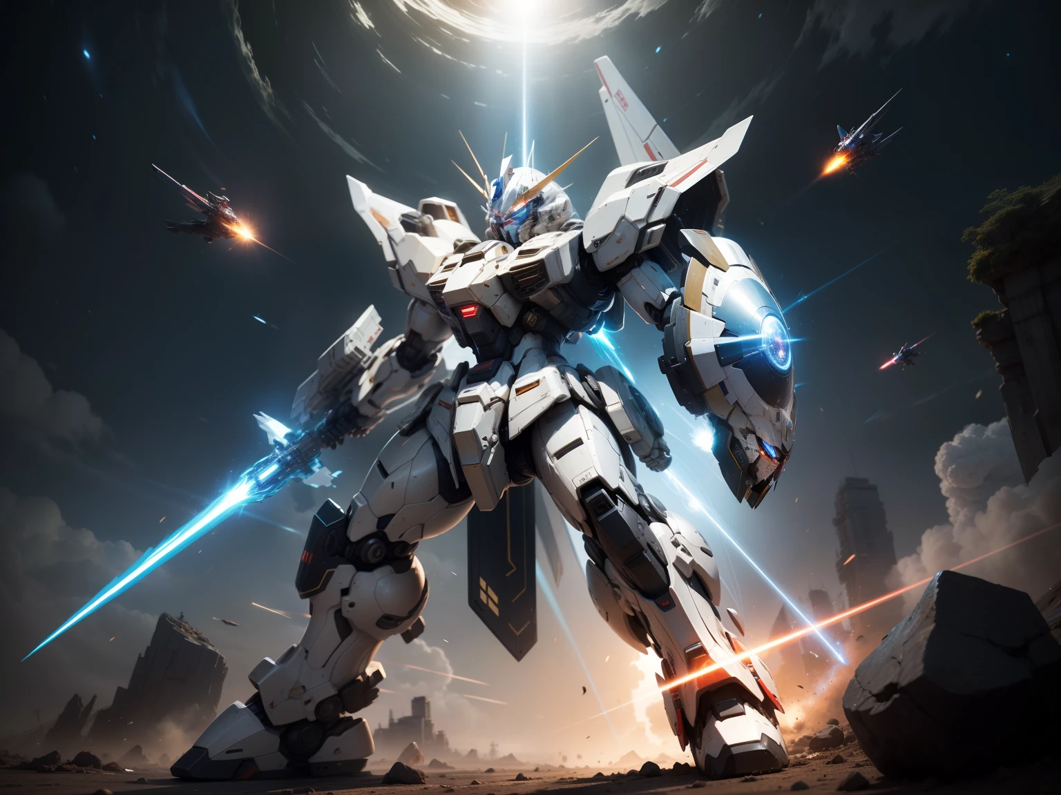 Surrealism, Ray Tracing, Photorealistic, UHD, High Detail, 32k, Best Quality, Textured Skin, Gundam Mecha, Flight, Funnel, Brave Perspective Post, Masterpiece, Best Quality, Mecha, Unmanned, (Full Body), (Black Mecha: 1.5), (Axisymmetric: 1.4), (HDR), (Movie Light: 1.1), glowing Eyes, Cool, Science Fiction, Funnel , Universe, oversized shield, background of the earth, with laser sword beams, wars, conflicts, weapons in hand (has a huge weapon: 1.5),(fighting stance:1.1) , dynamic angle, (swirling energy:0.7)
