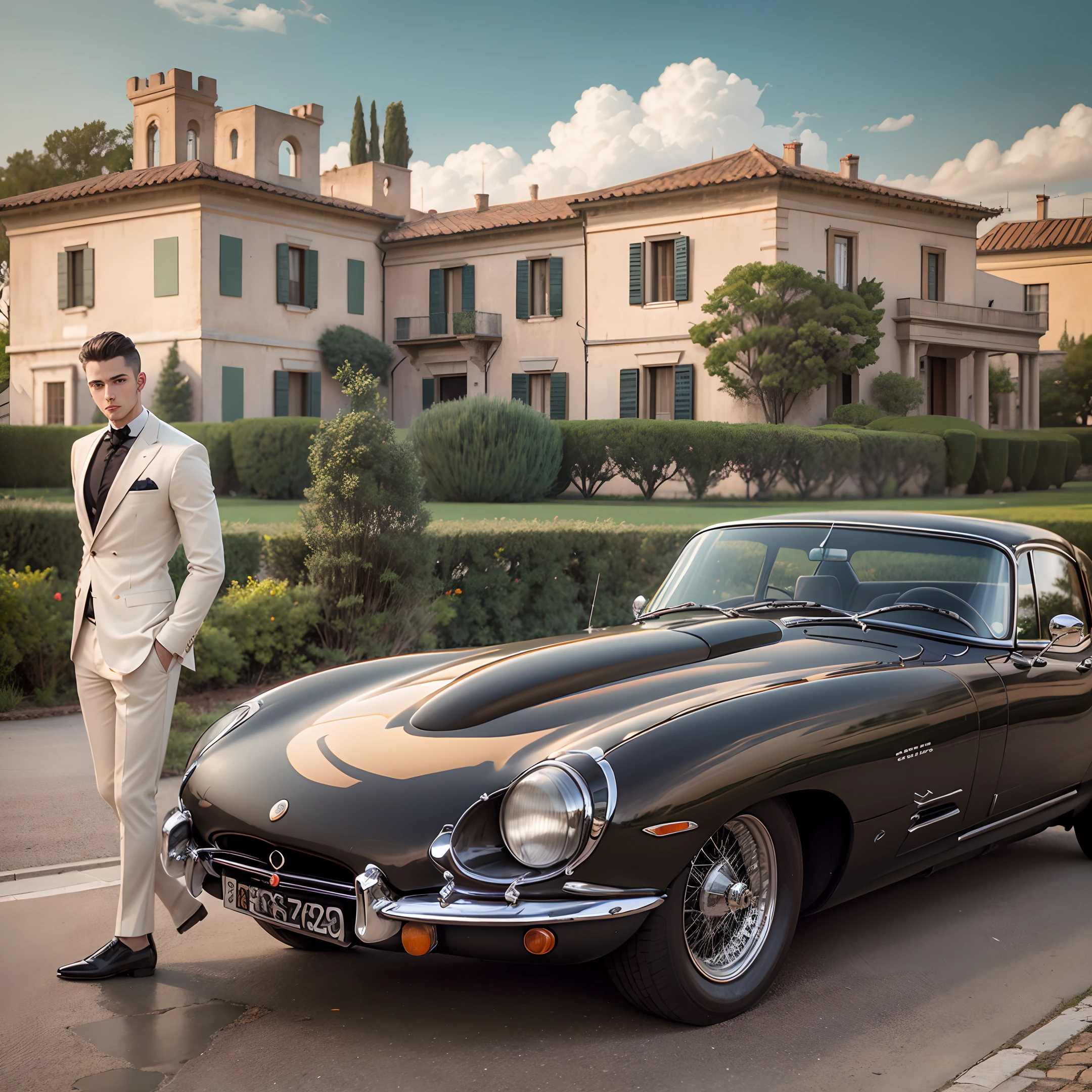 An elegant young man leaning against an e-type jaguar and behind this a Tuscany-style mansion --auto --s2