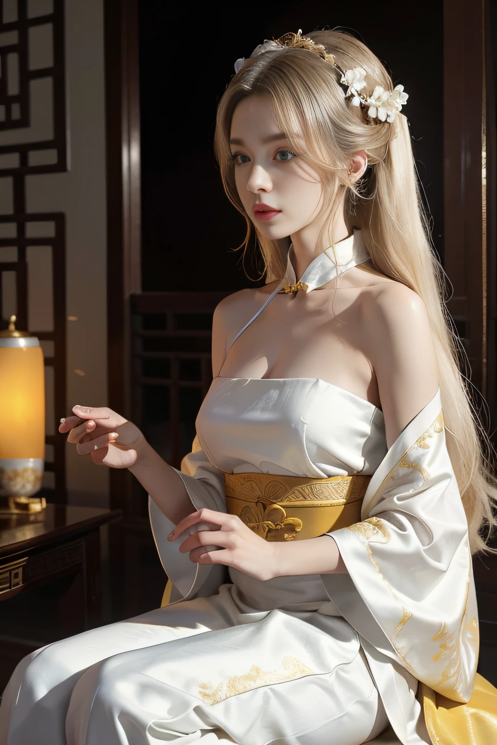 finedetail, Surreal photo,
one-girl,cabelos preto e longos,Dressed gorgeously,Dress nobly,Noble robes,nobles,Embroidery,Weaving gold,Yellow and white hanfu,,exposed bare shoulders,Smooth shoulders,
Chinese Ancient Architecture,Ancient Chinese palaces,Ancient Chinese royal palace,Ancient Chinese palaces,