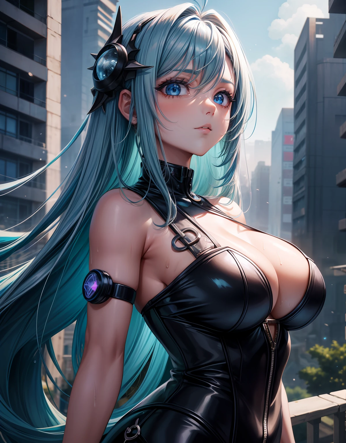 Mulher nova com cabelo rapunzel azul extremamente longo e intenso, ((cabelo da cor azul intenso e forte)), Orelhas de elfo e chifres brancos em uma cidade cyberpunk futurista in a long white ciberpunk dress all wet, Ela tem um corpo volumoso e os seios, breasts and bust are huge, ela tem um rosto macio delicado lindo e perfeito. ; carro, cidade futurista;