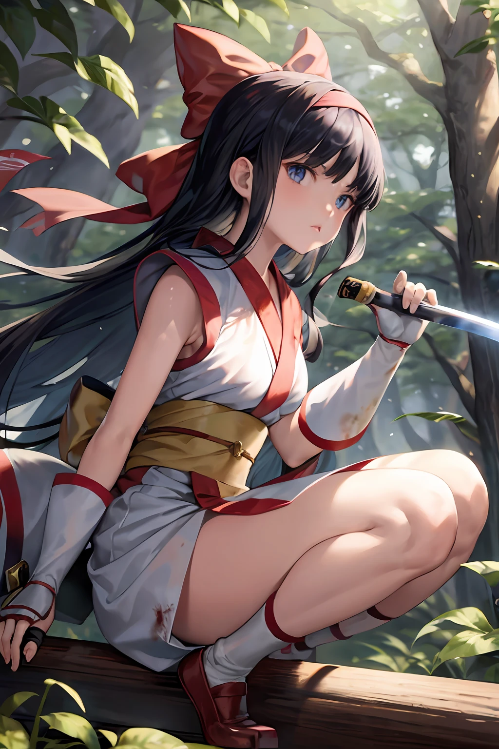 ​masterpiece, top-quality,1girl in, length hair, blue eyess, 独奏, A dark-haired, arma, vestments, Hair Bow, Knives, shairband, reverse grip, ngel, Blood on Weapon, sash, The tree, The sword, gloves, Very long hair, looking at the viewers, poneyTail, tabi, full body Esbian, Sleeveless, Fingerless gloves, Holding weapons, Komono, Obi,Hakama