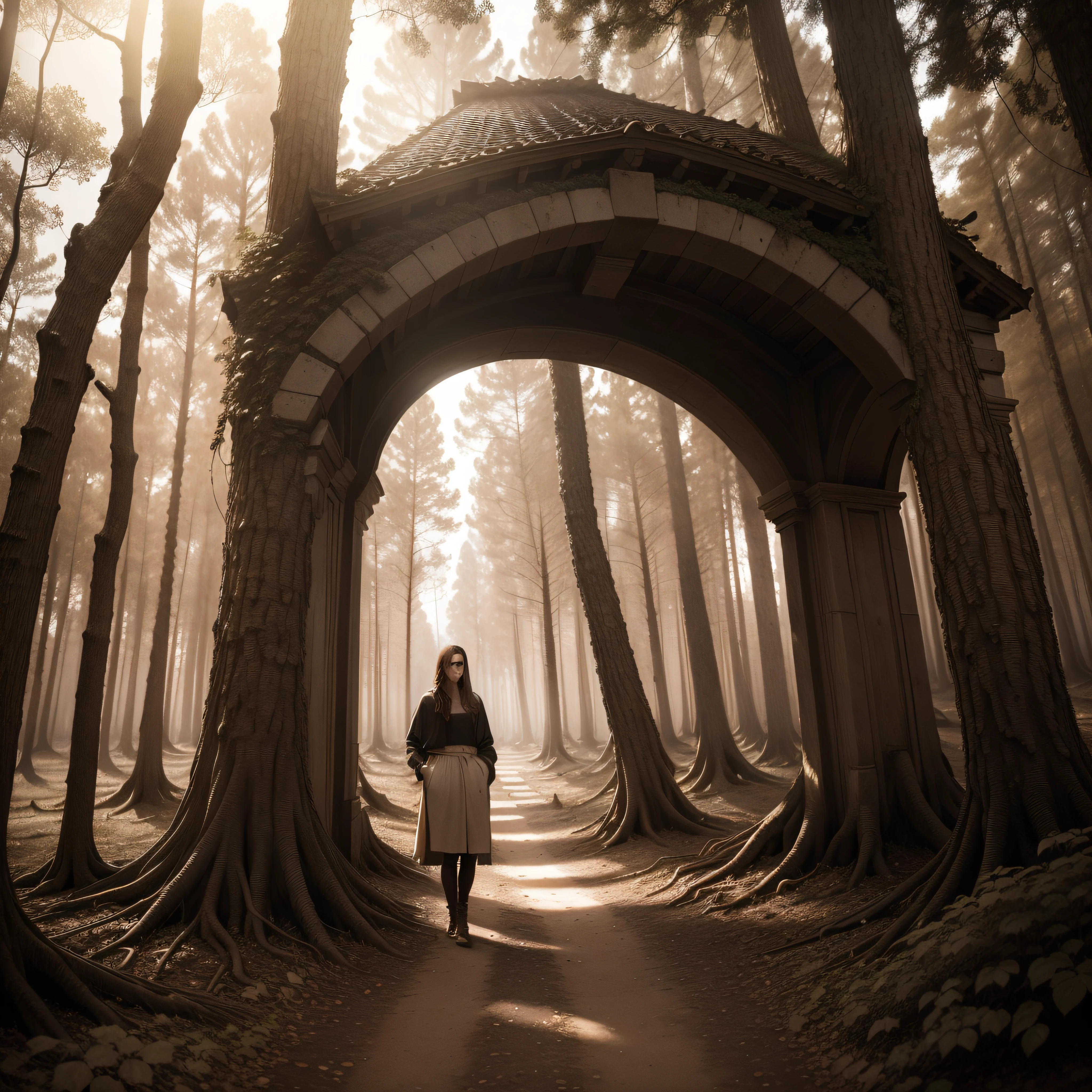 (extremadamente detallado, obra maestra, La mejor calidad, Tono sepia) bosque enorme, Trees with a human face, ruinas. Daytime Lighting.