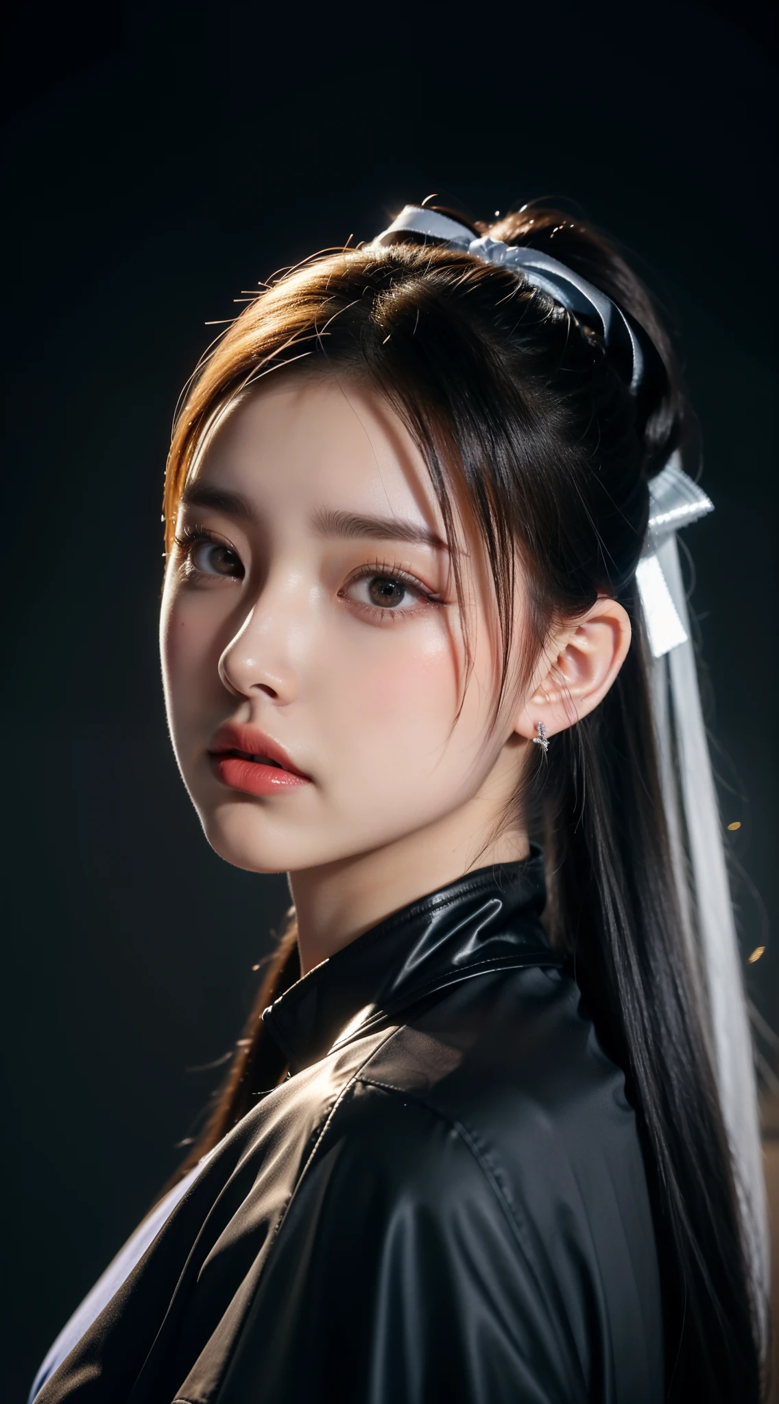 Silver gradient high ponytail,The figure looked up at the dim sky，Hair ribbon, Crescent earrings, parted lip, surrealism, Verism, Verism, Chiaroscuro, Depth of field, stereograms, Close-up, Wide-angle, hyper HD, High details, Super detail