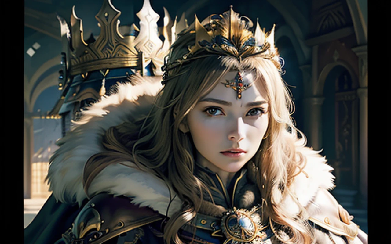 (masterpiece, top quality, best quality, official art, beautiful and aesthetic:1.2), (1girl), (warrior queen armor, fur-lined cape, jeweled crown:1.2),serious