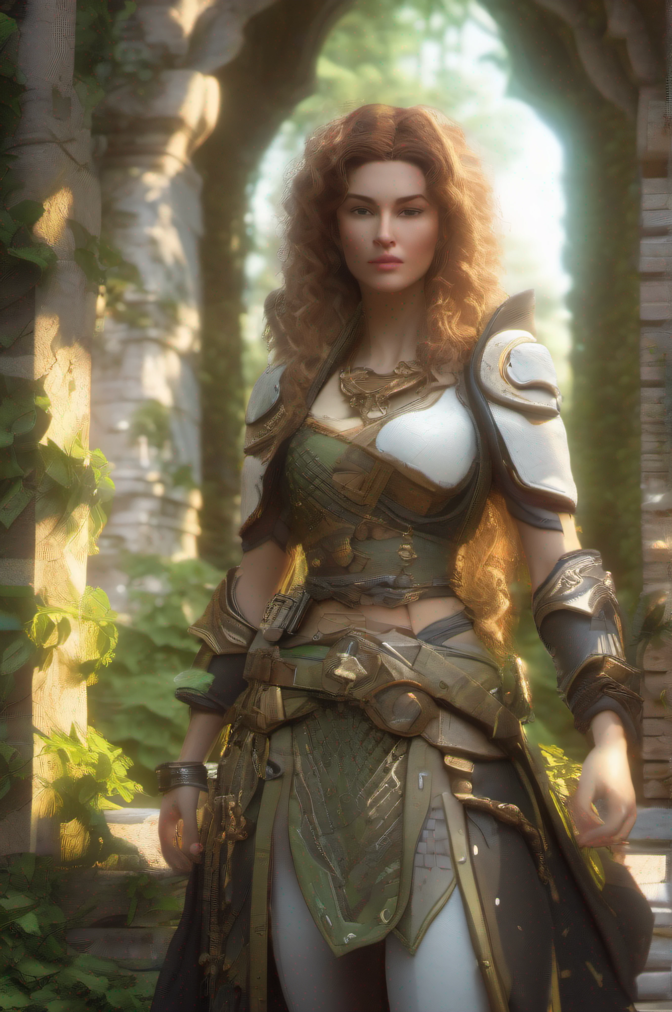 A beautiful woman Climbing the green slope of A labyrinth made of ages in a beautiful garden of a fabulous castle on top of a wooded mountain. ((Best Quality)), ((Masterpiece)), (Highly Detailed:1.2), (Octane Rendering), ((Octane Style), 3D, beautiful ((cyberpunk woman)) with voluminous hair, hack, HDR (High Dynamic Range), Ray Tracing, NVIDIA RTX, Super- Resolution, Unreal 5, Subsurface Scattering, PBR Texture, Post Processing, Anisotropic Filtering, (Depth of Field), Maximum Clarity and Sharpness, Multilayer Textures, Albedo and Specular Maps, Surface Shading, ((Accurate simulation of light- material)), ((Perfect Proportions, Octane Rendering, Two-Tone Lighting, Low ISO, White Balance, Golden Rule, Large Aperture, 8K RAW, Efficient Sub-Pixel, Sub-Pixel Convolution, Luminescent Particle, Light Scattering light, Tyndall effect))