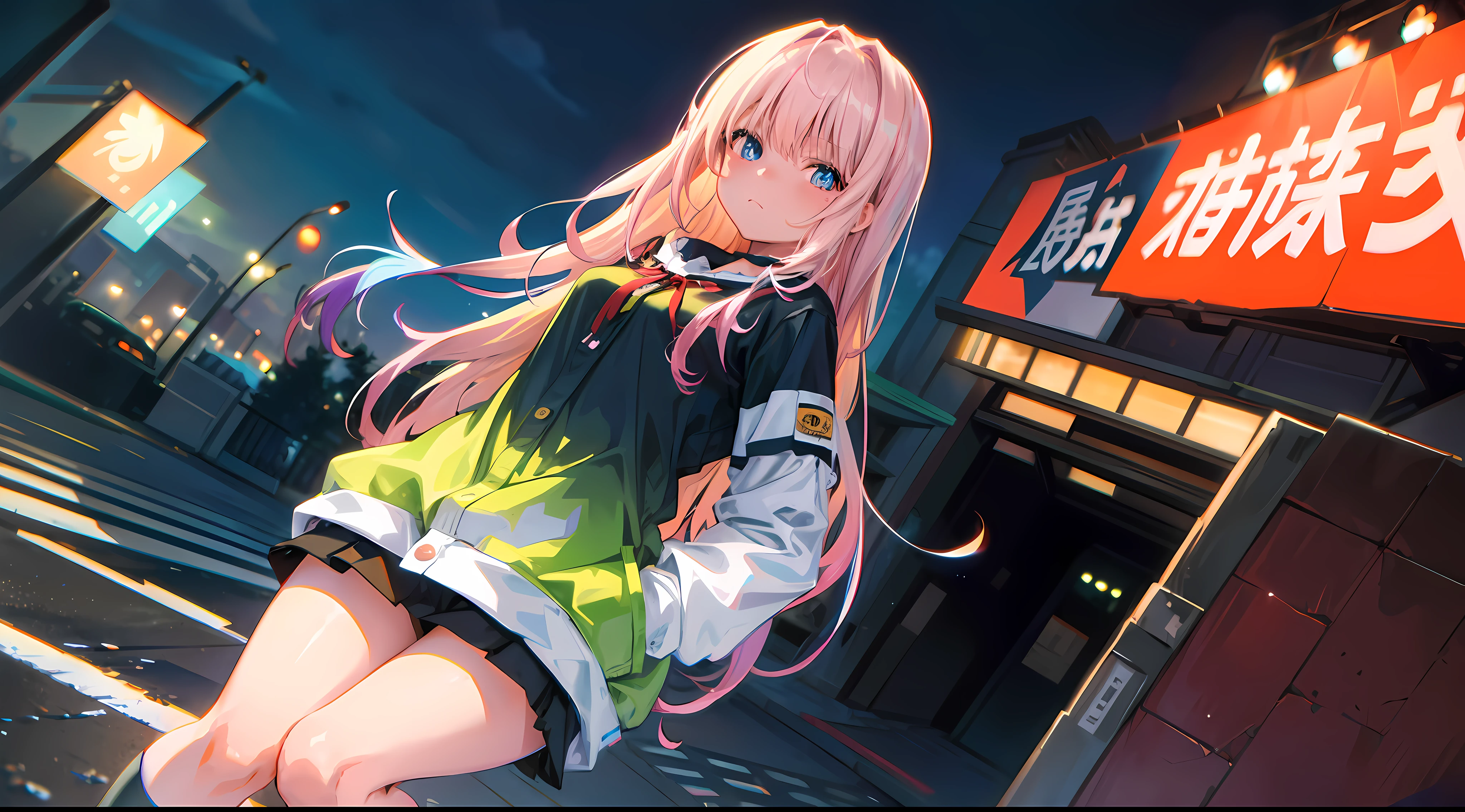 NY, (gradient hair, dutch angle:1.3), film grain, chromatic aberration, city, masterpiece, best quality, raw photo, photorealistic, absurdres, 1girl, cute, perspective, cowboy shot, highres, ultra detailed, detailed eyes and face, sharp pupils, realistic pupils, sharp focus, summer, night,  detailed full figure, beautiful socks, Socks above the knees, chance meeting, runaway from home