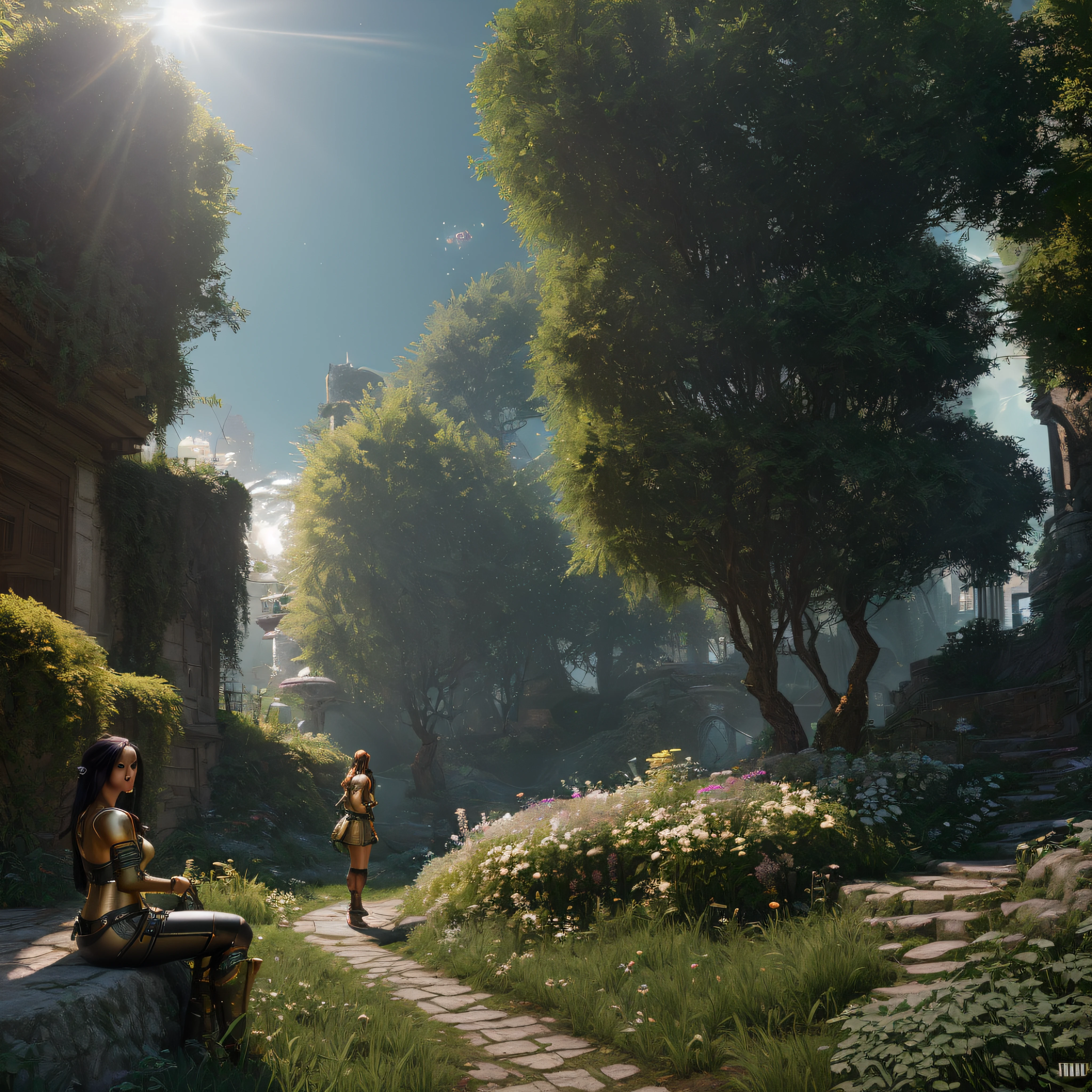 A beautiful woman Climbing the green slope of A labyrinth made of ages in a beautiful garden of a fabulous castle on top of a wooded mountain. ((Best Quality)), ((Masterpiece)), (Highly Detailed:1.2), (Octane Rendering), ((Octane Style), 3D, beautiful ((cyberpunk woman)) with voluminous hair, hack, HDR (High Dynamic Range), Ray Tracing, NVIDIA RTX, Super- Resolution, Unreal 5, Subsurface Scattering, PBR Texture, Post Processing, Anisotropic Filtering, (Depth of Field), Maximum Clarity and Sharpness, Multilayer Textures, Albedo and Specular Maps, Surface Shading, ((Accurate simulation of light- material)), ((Perfect Proportions, Octane Rendering, Two-Tone Lighting, Low ISO, White Balance, Golden Rule, Large Aperture, 8K RAW, Efficient Sub-Pixel, Sub-Pixel Convolution, Luminescent Particle, Light Scattering light, Tyndall effect))