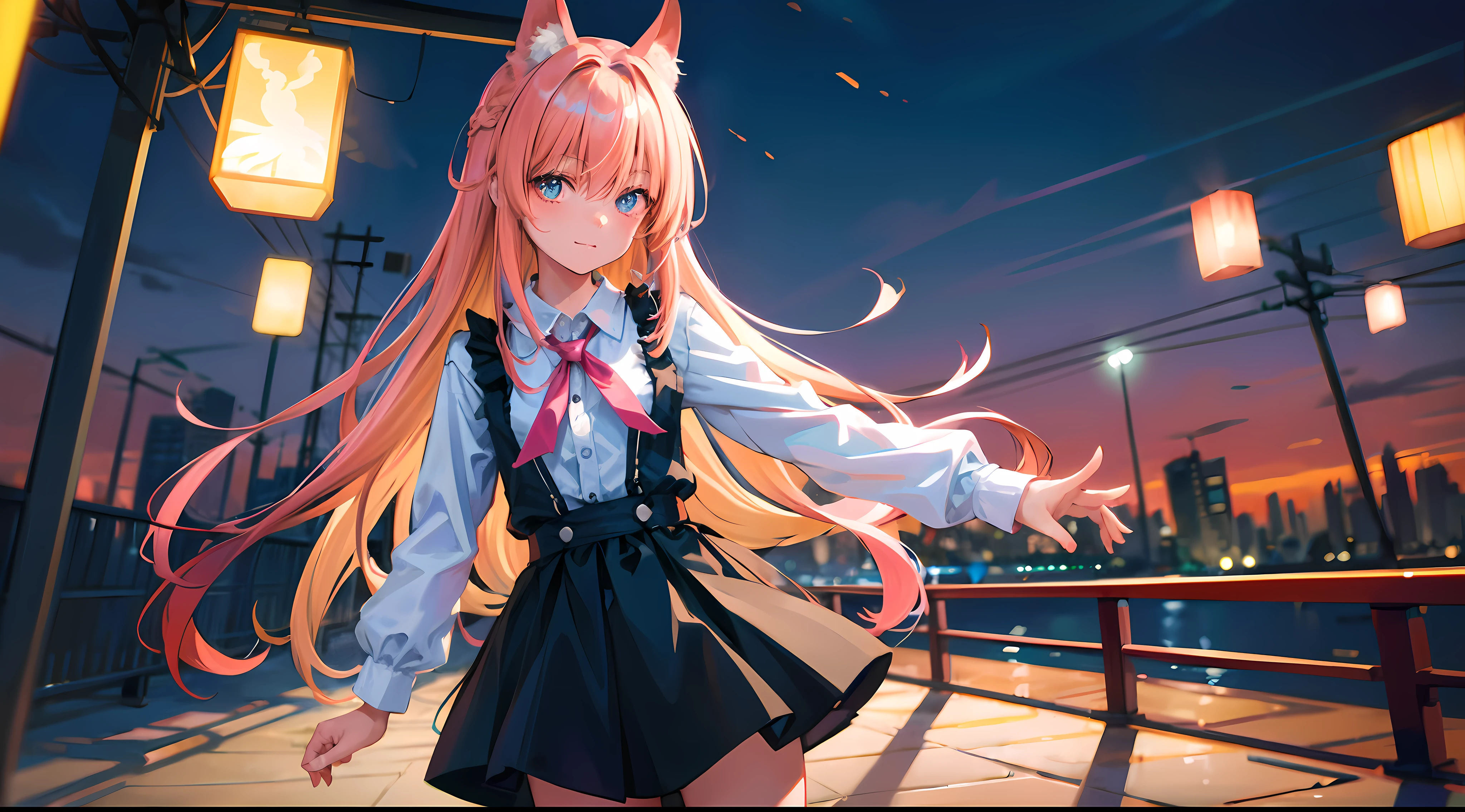 NY, (gradient hair, dutch angle:1.3), film grain, chromatic aberration, city, masterpiece, best quality, raw photo, photorealistic, absurdres, 1girl, cute, perspective, cowboy shot, highres, ultra detailed, detailed eyes and face, sharp pupils, realistic pupils, sharp focus, summer, night, detailed full figure, beautiful socks, Socks above the knees, chance meeting, runaway from home