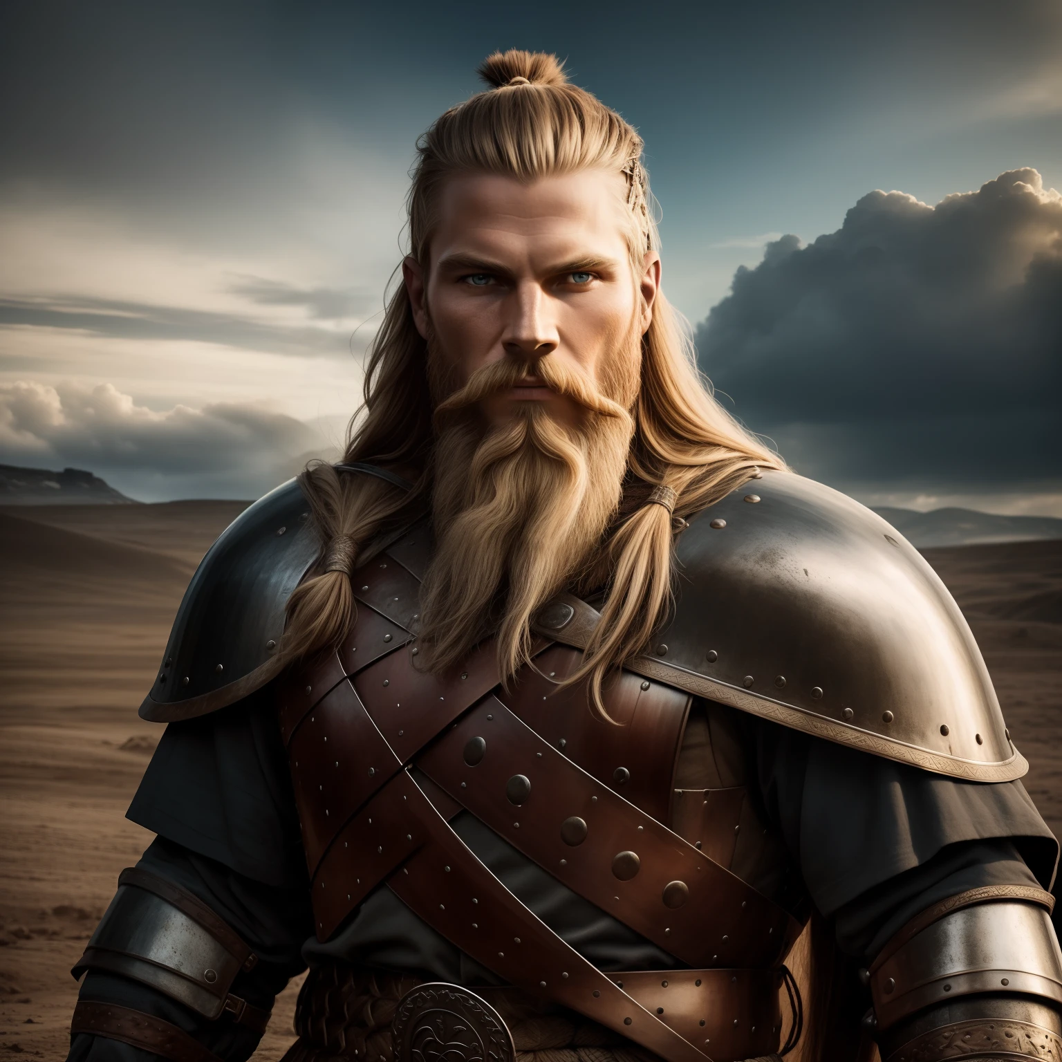 photograph  of a viking warrior with dirt in his face, broad shoulders, armor, heroic, beard, pronounced cheekbones, cloudy, masterpiece, best quality, high quality, 4K, trending, hard ring light, 50mm