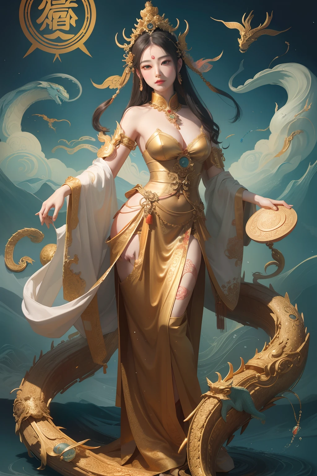 an ancient Chinese goddess, guanyin of the southern seas, Guanyin, Inspired by China, Avalokiteshvara rides a dragon，,Serene expression,shui mo hua,Buddha,Buddhist,Lotus,Chinese painting style,Thangka style