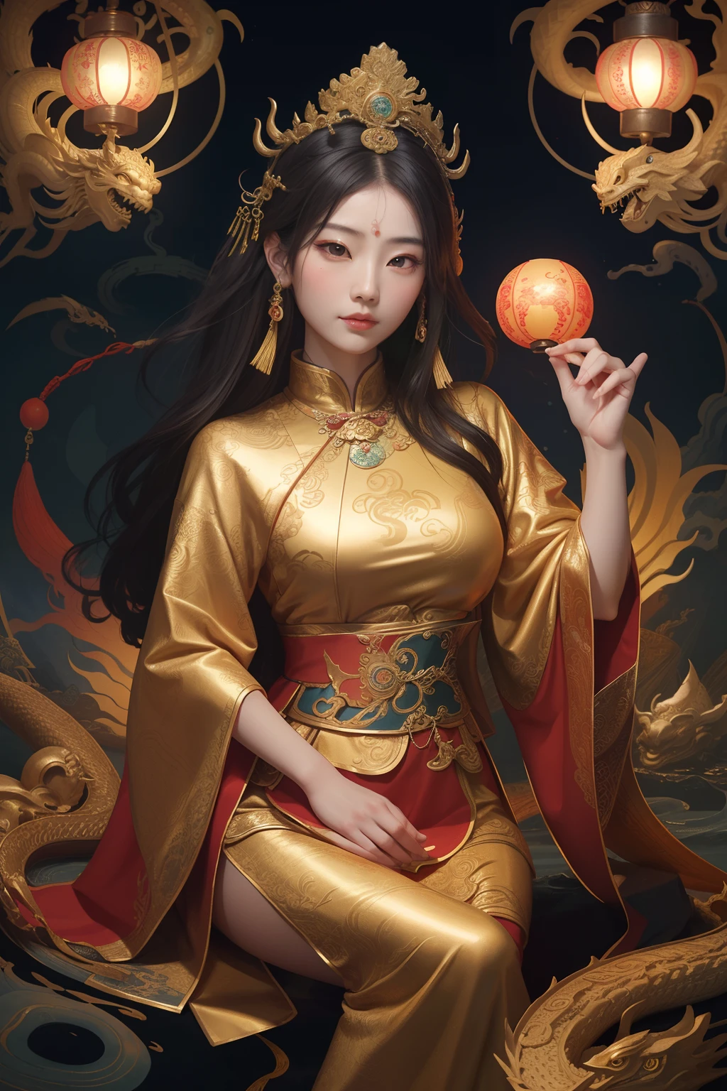 an ancient Chinese goddess, guanyin of the southern seas, Guanyin, Inspired by China, Avalokiteshvara rides a dragon,,Serene expression,shui mo hua,Buddha,Buddhist,Lotus,Chinese painting style,Thangka style