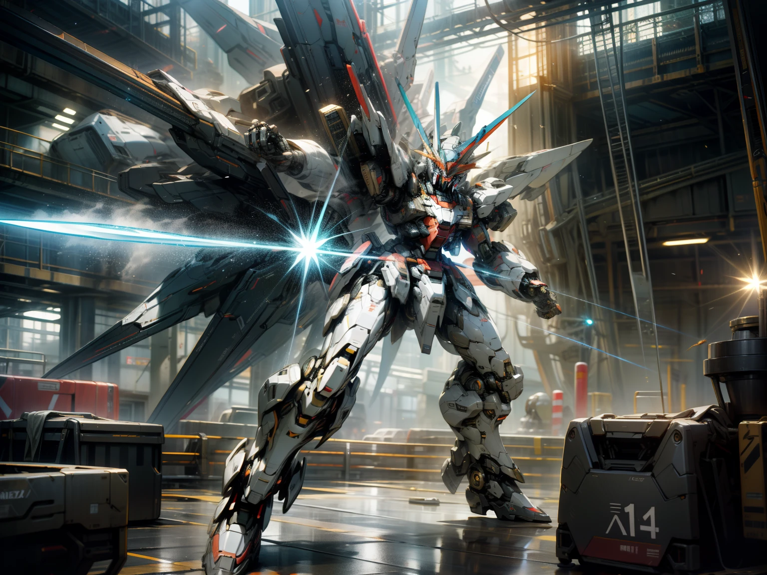 Surrealism, Ray Tracing, Photorealistic, UHD, High Detail, 32k, Best Quality, Textured Skin, Gundam Mecha, Flight, Funnel, Brave Perspective Post, Masterpiece, Best Quality, Mecha, Unmanned, (Full Body), (Black Mecha: 1.5), (Axisymmetric: 1.4), (HDR), (Movie Light: 1.1), glowing Eyes, Cool, Science Fiction, Funnels , oversized shield, bombing , with laser sword beams, wars, conflicts, weapons in hand (has a huge weapon: 1.5),(fighting stance:1.1) , dynamic angle, (swirling energy:0.7)