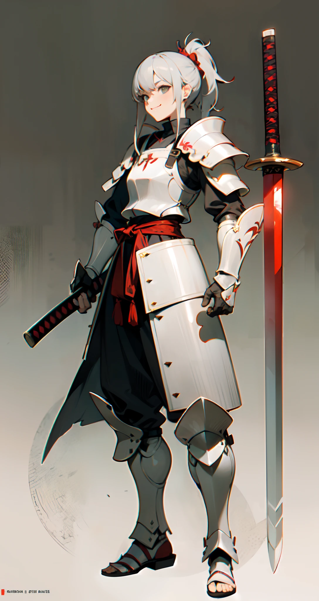 Tall woman in white futuristic armor with red lines, Iron tight-fitting armor on the hands, square flat samurai-style shoulder pads, Armor covers the whole body, Long katana in hand, Red Katana Blade, Young face, Gray hair tied in a ponytail, sword in arm, ConceptArt, gray background, in full height, An evil smile on his face