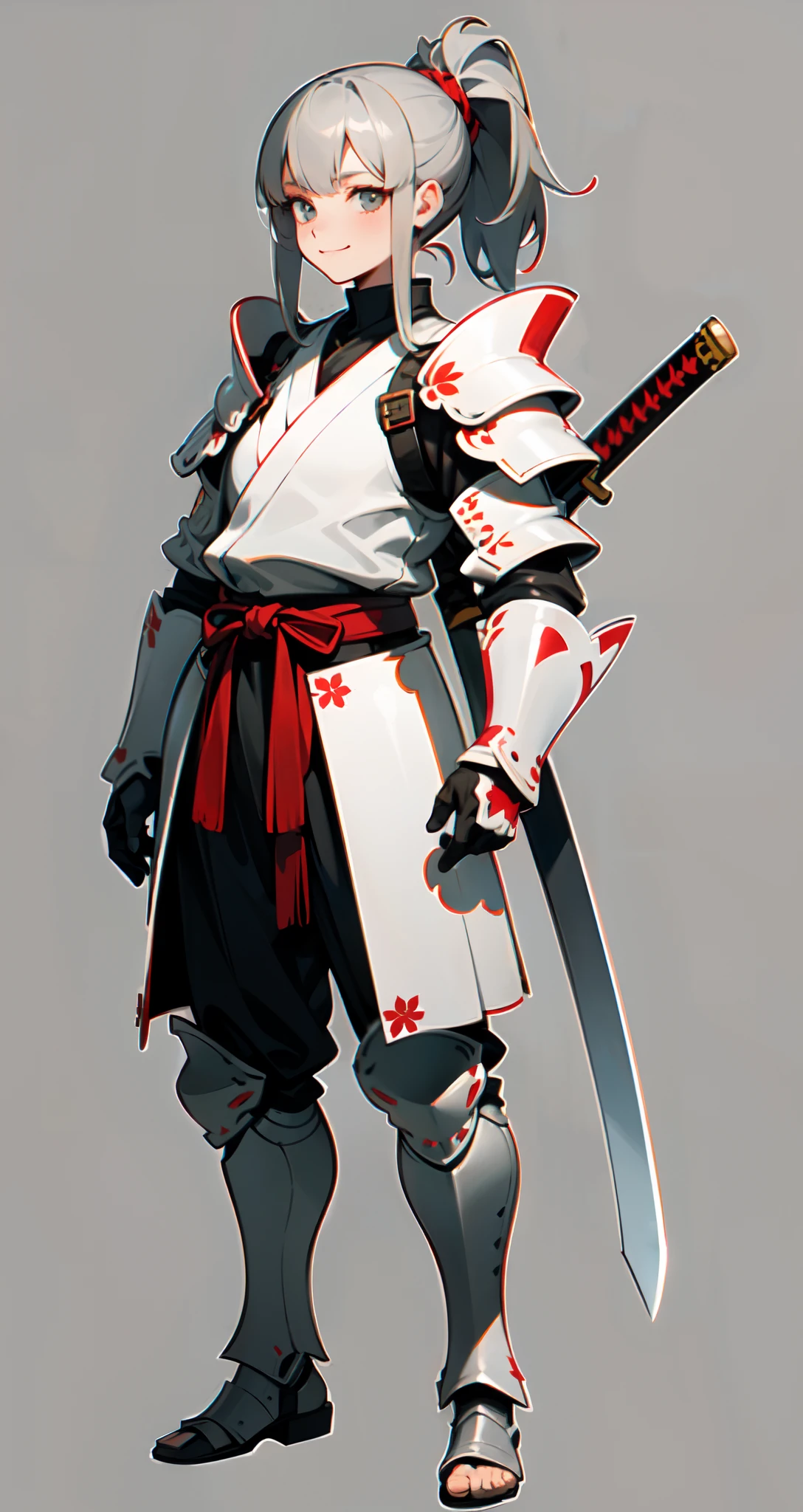 Tall woman in white futuristic armor with red lines, Iron tight-fitting armor on the hands, square flat samurai-style shoulder pads, Armor covers the whole body, Long katana in hand, Red Katana Blade, Young face, Gray hair tied in a ponytail, sword in arm, ConceptArt, gray background, in full height, An evil smile on his face