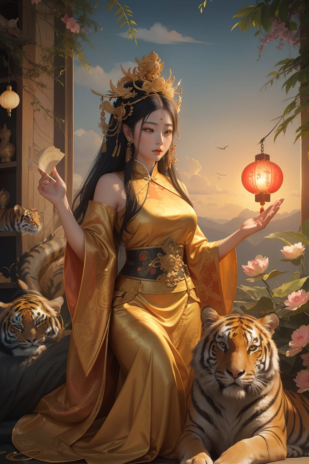 an ancient Chinese goddess, guanyin of the southern seas, Guanyin, Inspired by China, Avalokiteshvara rides a tiger,,Serene expression,shui mo hua,Buddha,Buddhist,Lotus,Chinese painting style,Thangka style