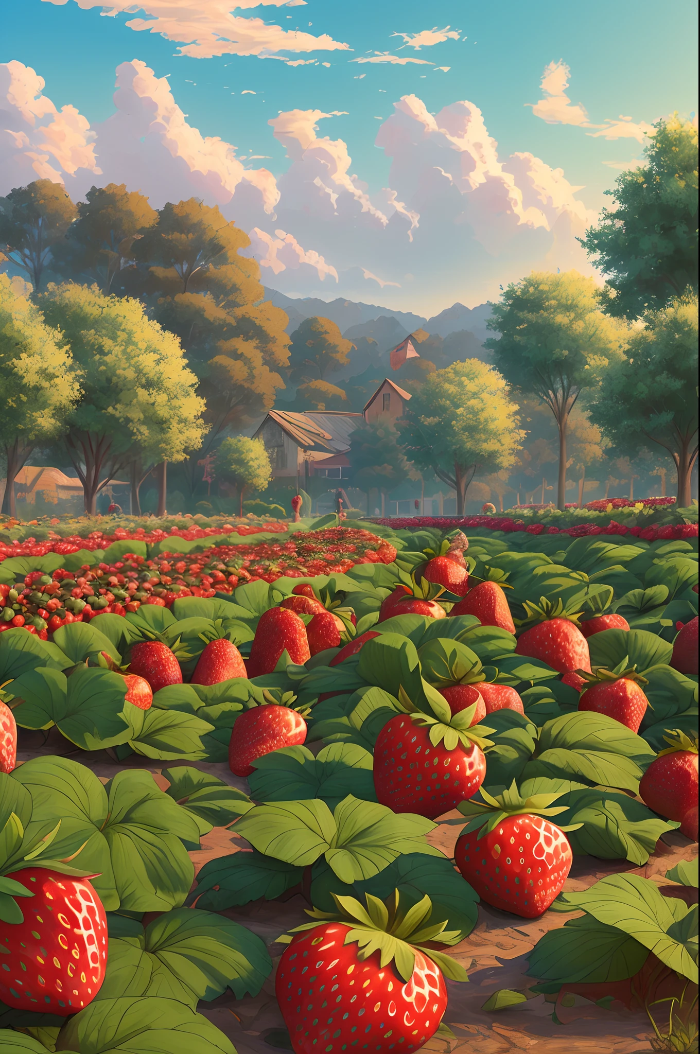 strawberry garden, ripe strawberries, sun, fun, dynamic light, cartoon style, digital painting, high quality, 8K --auto --s2