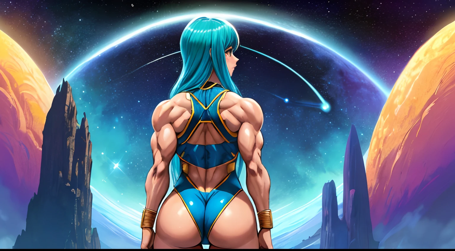 fisiculturista, anime absurdres illustration, desenho, , 1girl, standingn, m, fantasia, vivid colorful hair, fisiculturista, (muscle girl), ((bumbum grande)), gargantilha, roupa de power rangers, Muscle, Fundo bokeh, pele clara com tons frescos, ..........................lua, standingn, corpo inteiro, quadris grandes, from behind, subject for emphasis, seios, lighting, rosto perfeito, olhos detalhados, button nose,axy, space, Scifi, gelo, neve, dramatic lighting, dramatic colors, master part, Cosplay, Realistic, (crowd:1.1)