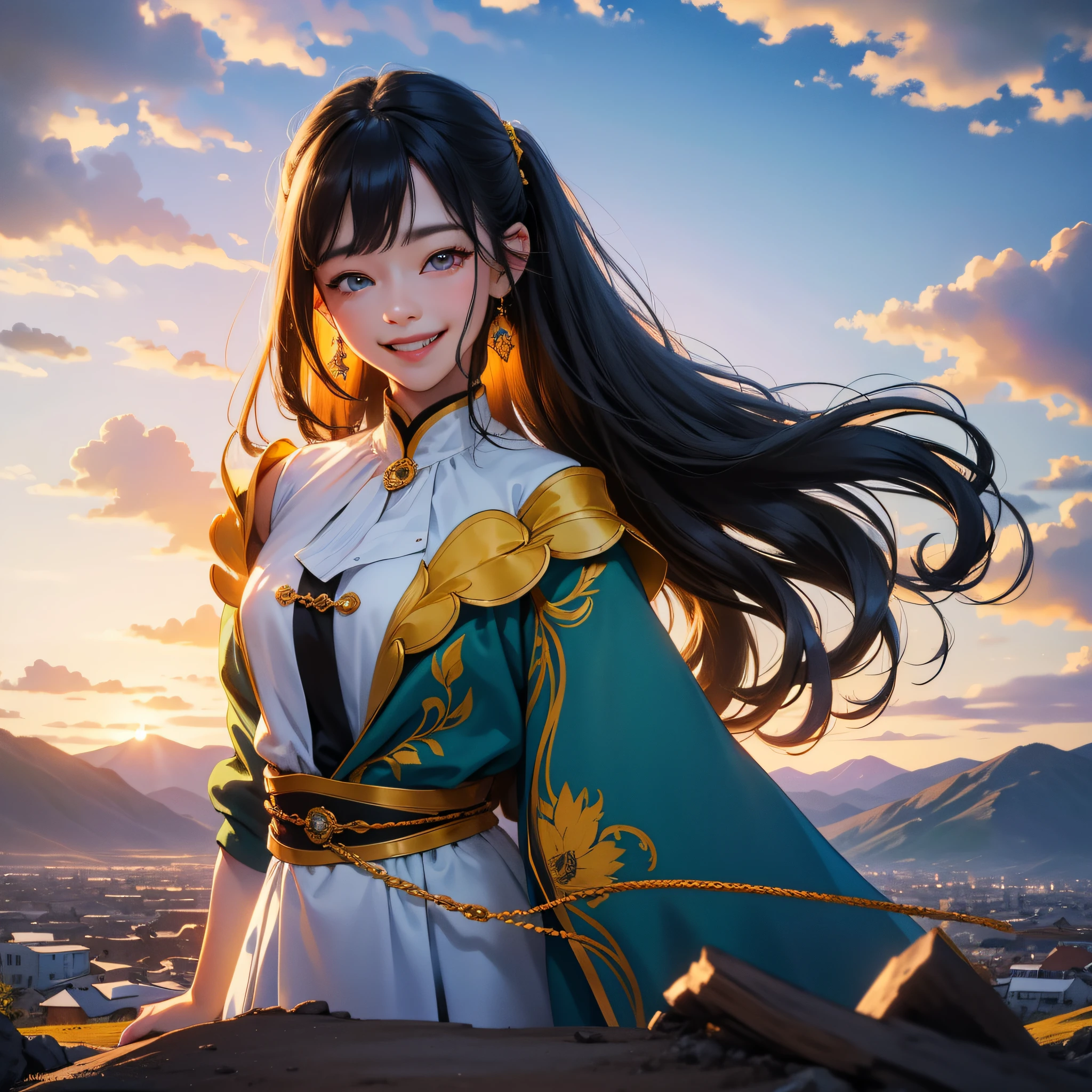 (in 8K、top-quality、masterpiece:1.2)、1人の女性、(Smiling smile:1.1)、beautidful eyes、Valley、The upper part of the body、length hair、Like a boy、poneyTail、Yellow View、