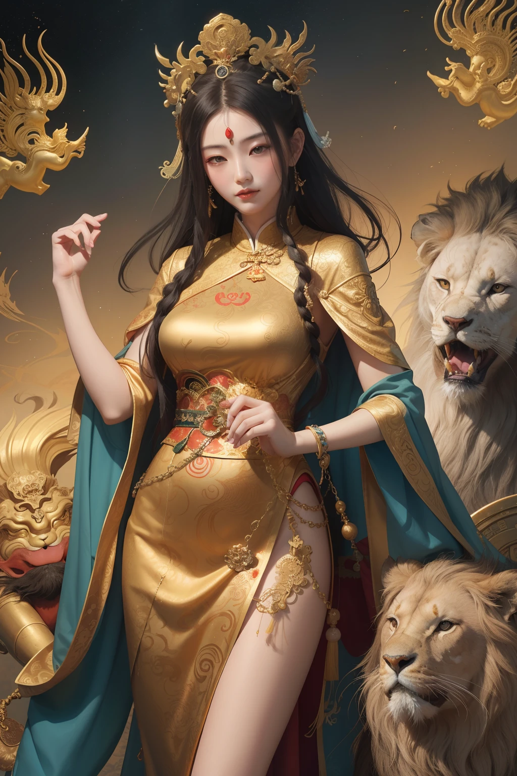 an ancient Chinese goddess, guanyin of the southern seas, Guanyin, Inspired by China, Avalokiteshvara rides a lion，,Serene expression,shui mo hua,Buddha,Buddhist,Lotus,Chinese painting style,Thangka style