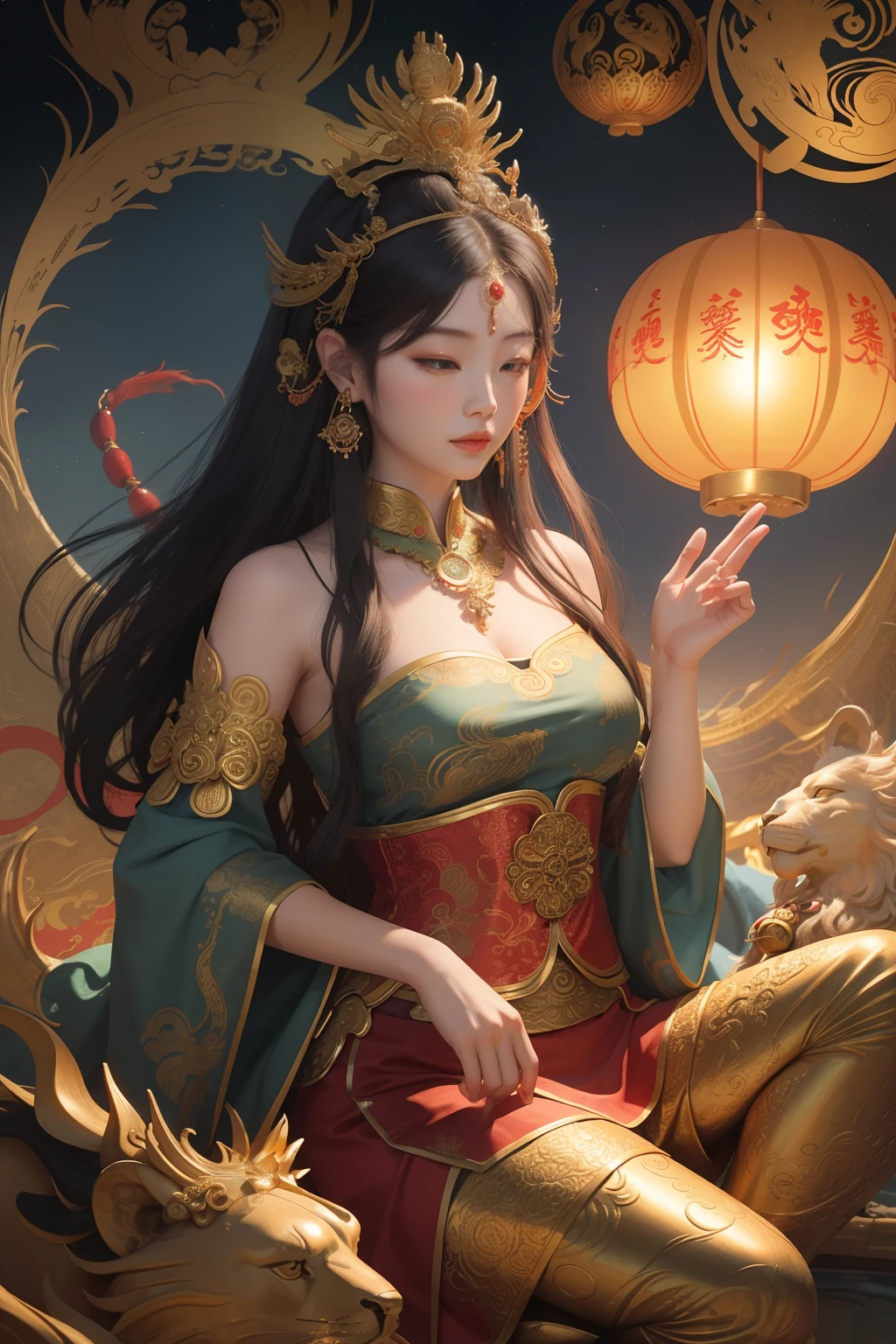 an ancient Chinese goddess, guanyin of the southern seas, Guanyin, Inspired by China, Avalokiteshvara rides a lion，,Serene expression,shui mo hua,Buddha,Buddhist,Lotus,Chinese painting style,Thangka style
