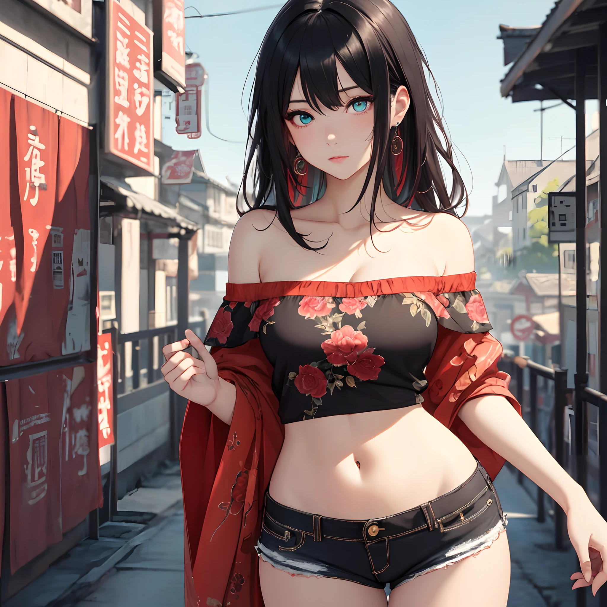masterpiece, best quality, 1girl, aqua eyes, black hair, closed mouth, multicolored background, looking at viewer, outdoors, solo, upper body, alluring, clean, beautiful face, pure face, pale skin, sexy pose,((tube top, off shoulder, navel, shorts)), long hair, ((perfect female figure)), mature female, milf, narrow waist, chinese deity, seductive, highly detailed,best quality, masterpiece, highres, original, extremely detailed 8K wallpaper,masterpiece, best quality, illustration, beautifully detailed eyes, cinematic lighting,