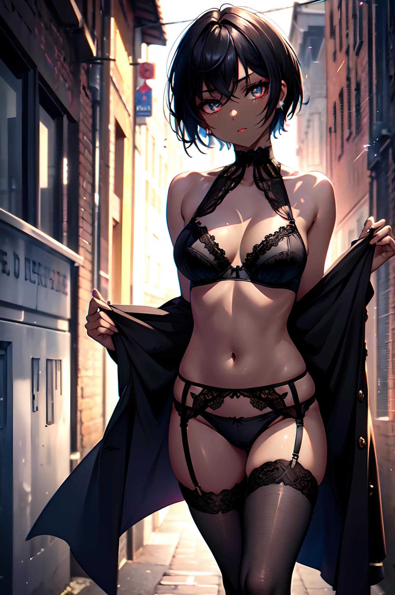 Transcendently Beautiful Girl, (masterpiece face, masterpiece eyes:1.5), (pixie cut hair:1.3), (black hair, short shaved sides, very short back, very short side, under cut, side cut:1.3), (long eyelashes, red lips), (deep skin, dark skin:1.5), Flat_Chest, Huge_breasts, wide_lower back, (five fingers, 4fingers and 1thumb), BREAK, public indecency, (half-undress, long coat), (extremely detailed lace, underwear, bra, panties), (garter belt, stockings), embarrassed, choker, outdoors, alley, day, Masterpiece, best quality, captures a super cute moment, depth of field, ultra detailed, ultra high resolution, C4D, Octadale, 3D modeling, 8k, 16k,