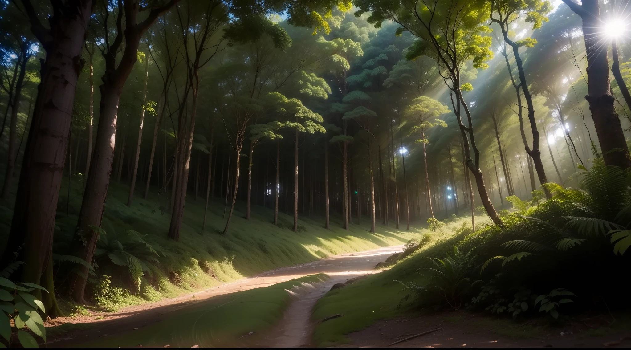 "trilha no meio da floresta, iluminada pela luz suave da lua"