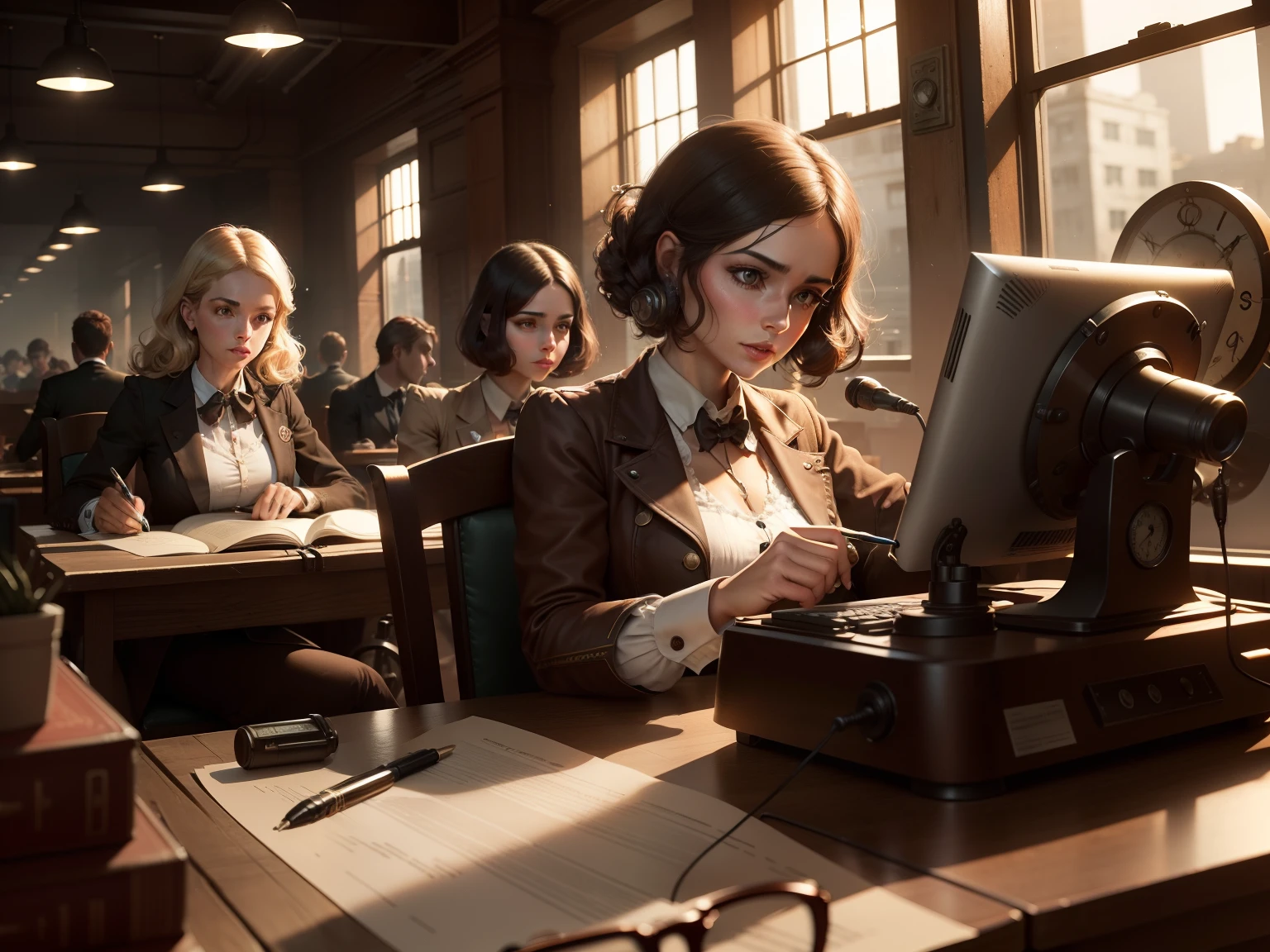 office 1930, mulheres trabalhadoras, Escrever, escritorio,  remova os humanos, sem humanos, somente objetos e coisas, Steampunk