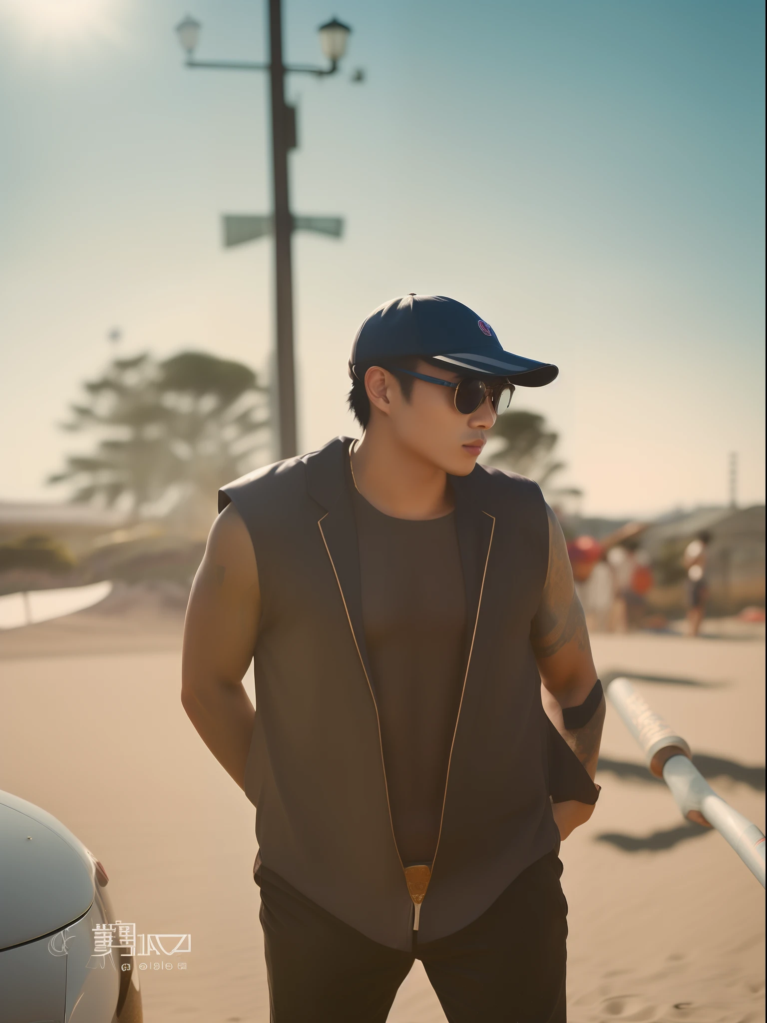 Use my image as the basis for character creation: : A man in a shirt holding a baseball bat., For GQ, Naoki Ikushima, Genzoman, Keisuke Goto, vman magazine, Tetsuya Nomura, Onokosuke, Kazuya Takahashi, japanese model, Yusuke Nakano, Naoya Tanaka, Inspired by Ueda Fumito, Realistic, (masterpiece, top-quality, bestquality, official art), Very detailed, colorfully, Most Detailed, Gods, Short Hair Hair, Black Hair, Handsome Man, The sea, necklace, beach, pectorals, Abs, Beach pants, 1boy, UpMs Pin, kawaii, masterpiece, Best FF Quality, young, whimsical,