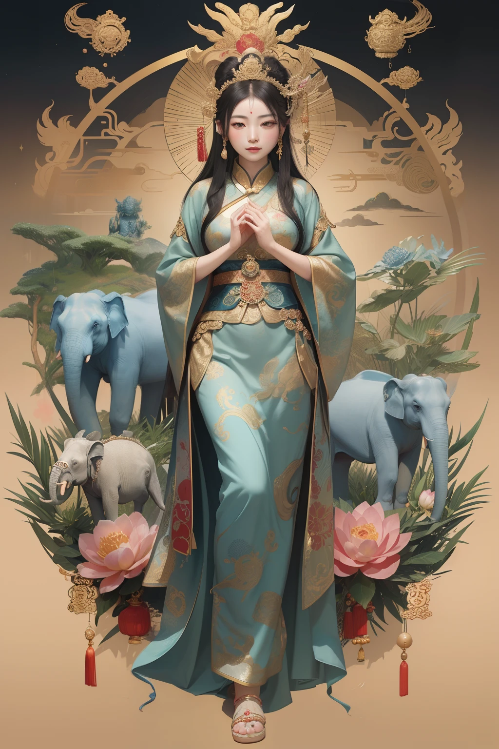 an ancient Chinese goddess, guanyin of the southern seas, Guanyin, Inspired by China, Avalokiteshvara rides an elephant,,Serene expression,shui mo hua,Buddha,Buddhist,Lotus,Chinese painting style,Thangka style